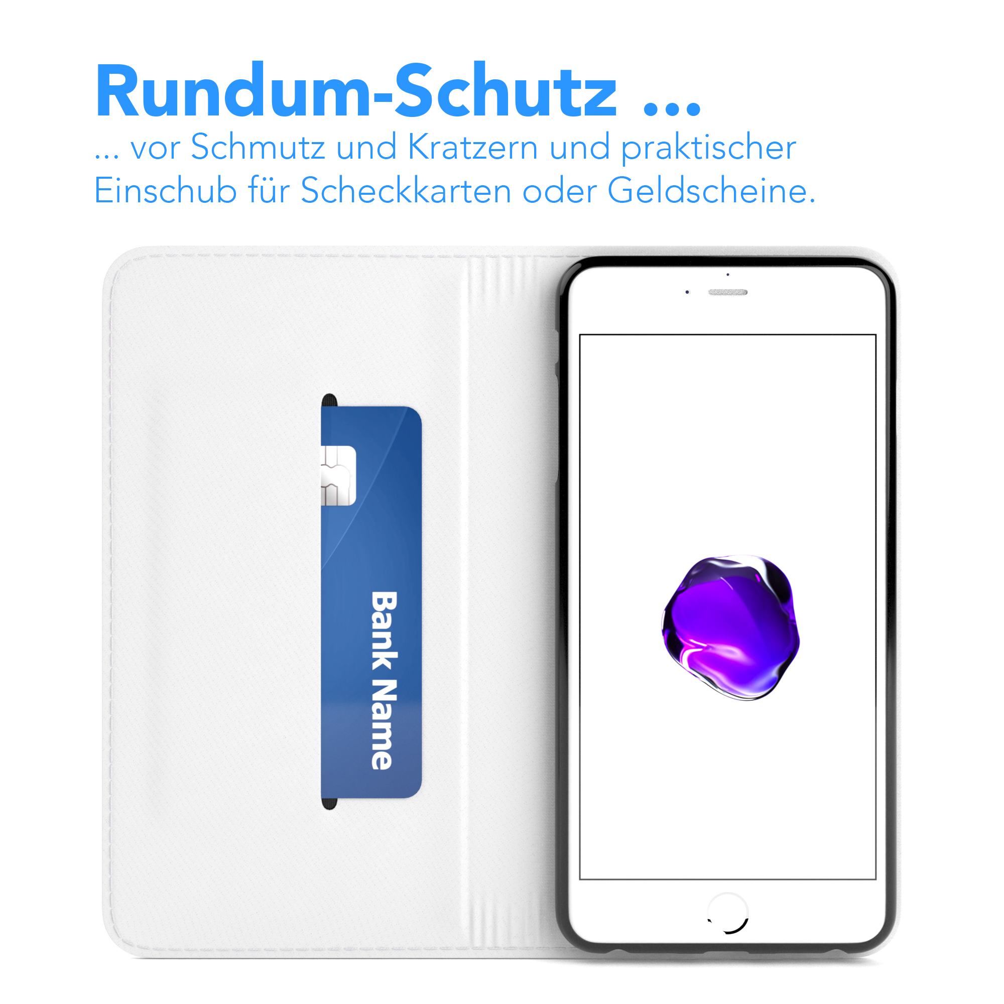 Offene weiße Handyhülle mit Bankkarte und Smartphone. Bankkarte mit Text.