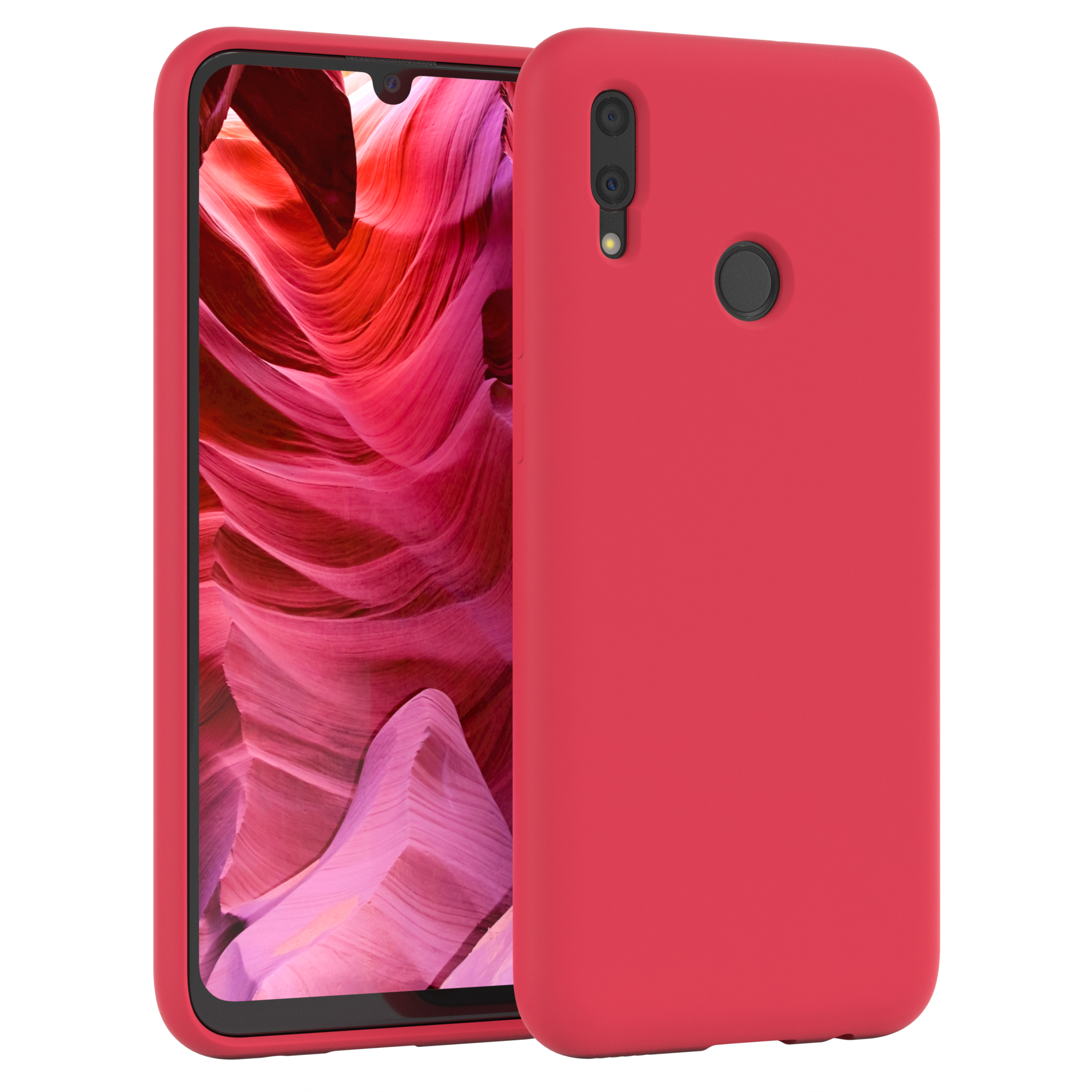 Rote Handyhülle mit Telefon. Der Bildschirm zeigt eine Canyon-Landschaft.