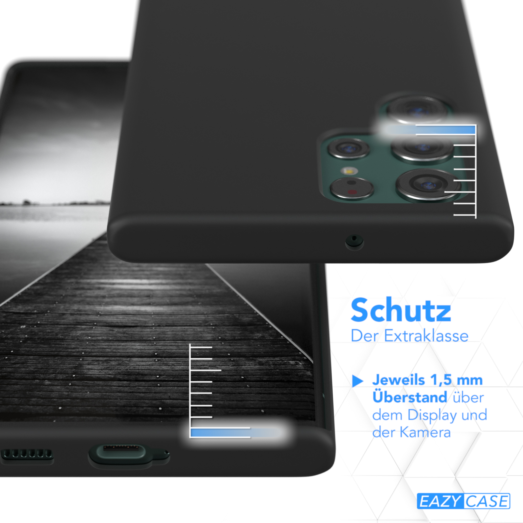 Schwarze Handyhülle mit Telefon, Holzsteg im Hintergrund, Text über zusätzlichen Schutz.