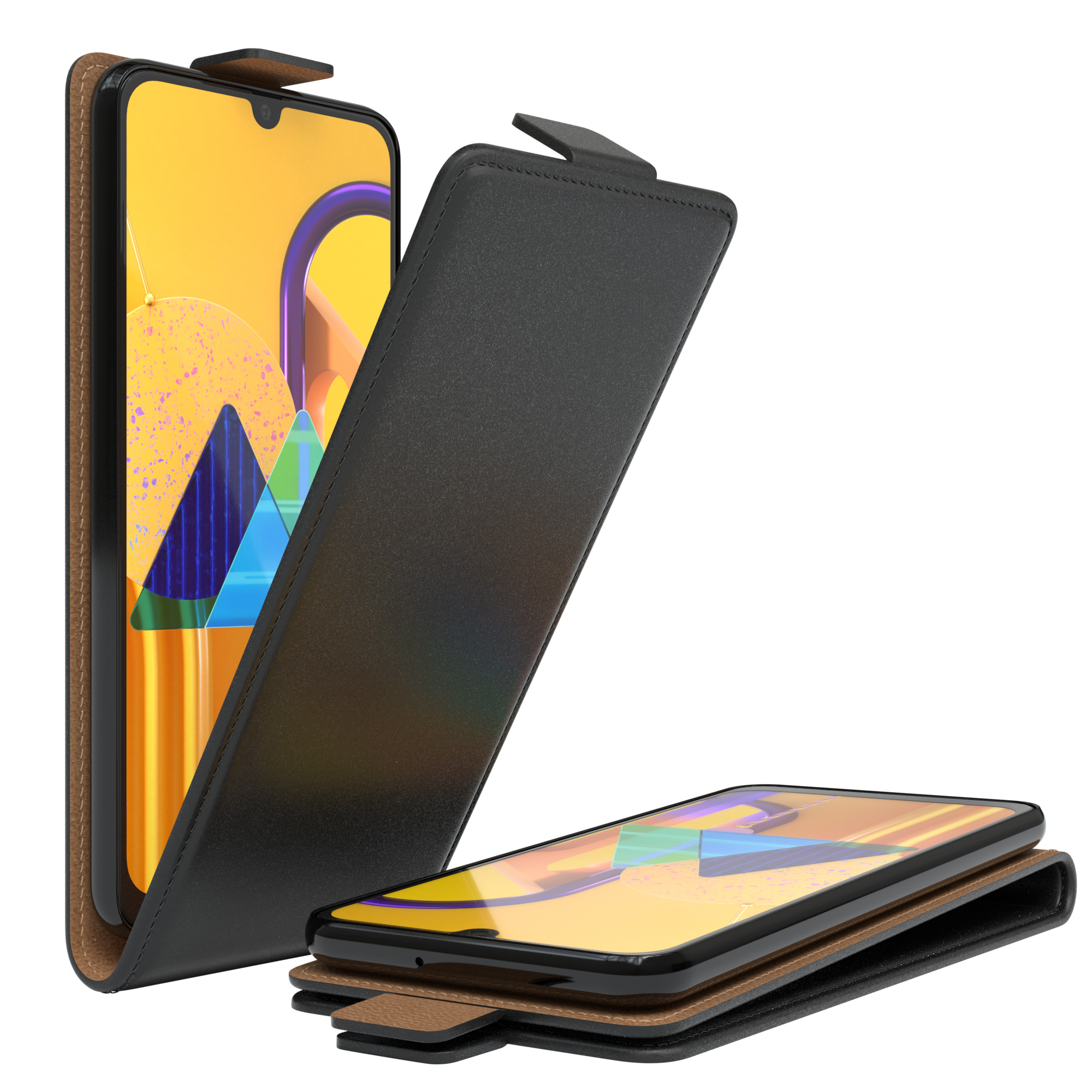 Ein Telefon in einer schwarzen Hülle ist geöffnet und zeigt seinen Bildschirm. Ein weiteres Telefon ist.