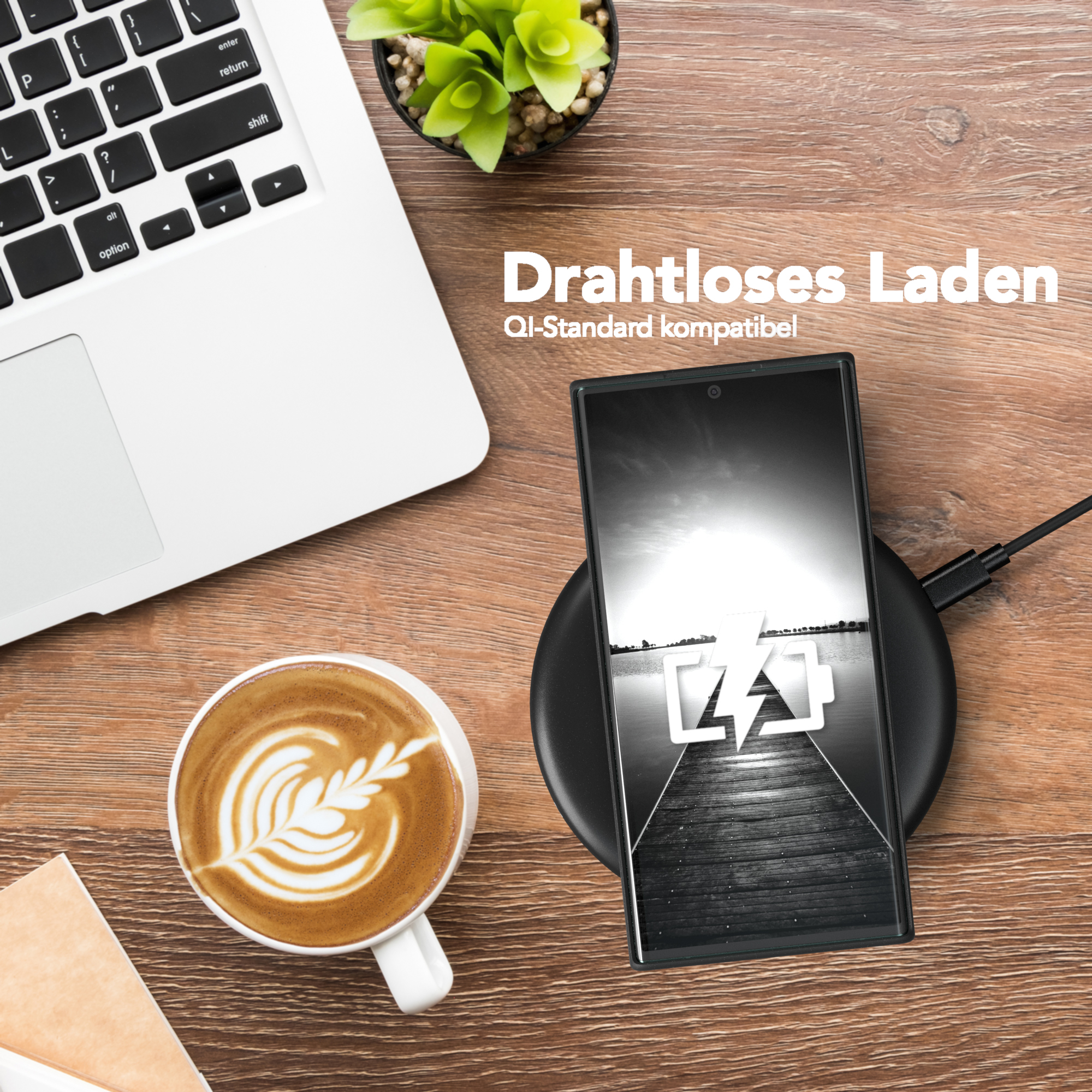 Telefon auf kabellosem Ladegerät. Das Telefon zeigt ein Ladesymbol.