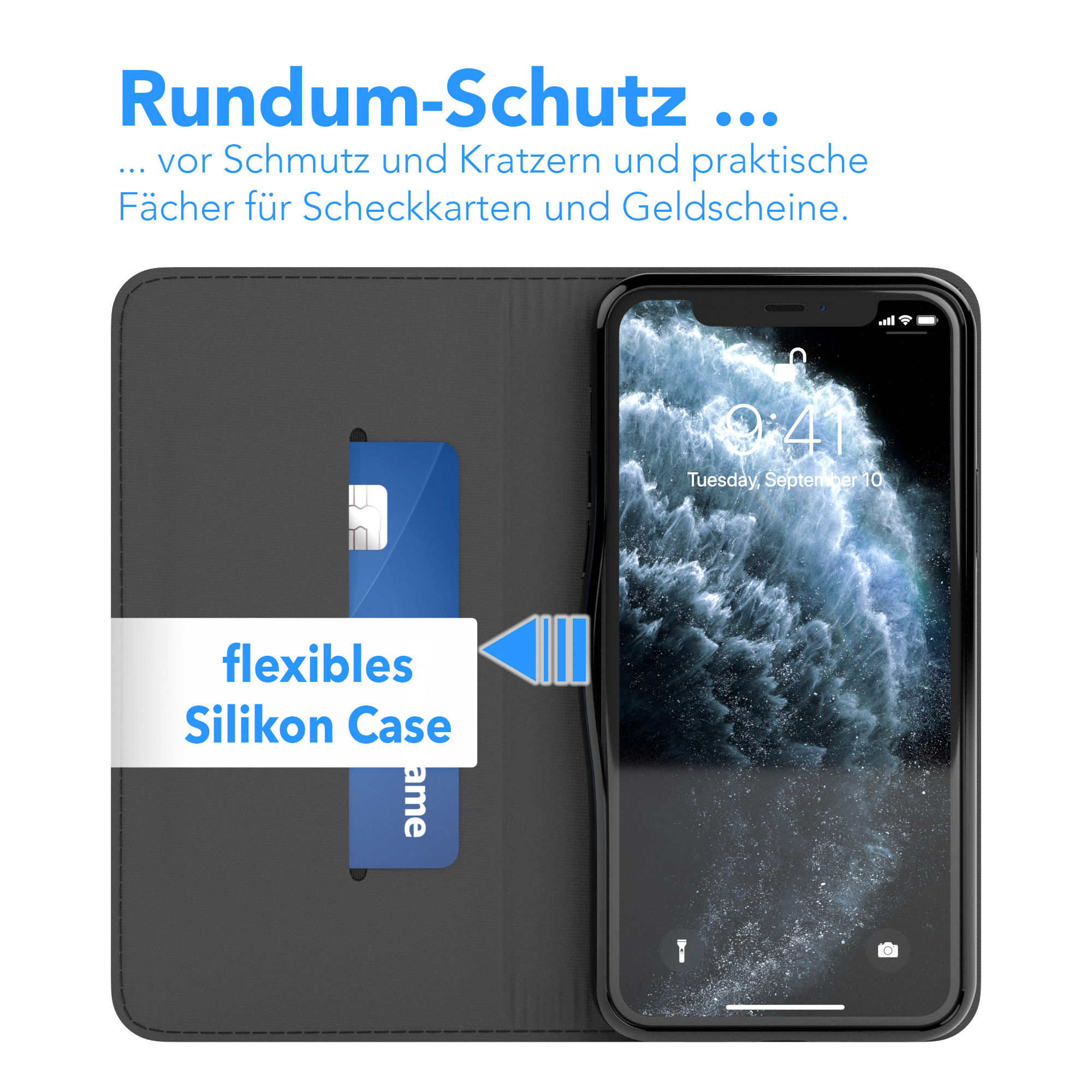 Geöffnete Handyhülle mit einem Telefon darin. Eine Kreditkarte wird in den Schlitz gesteckt.