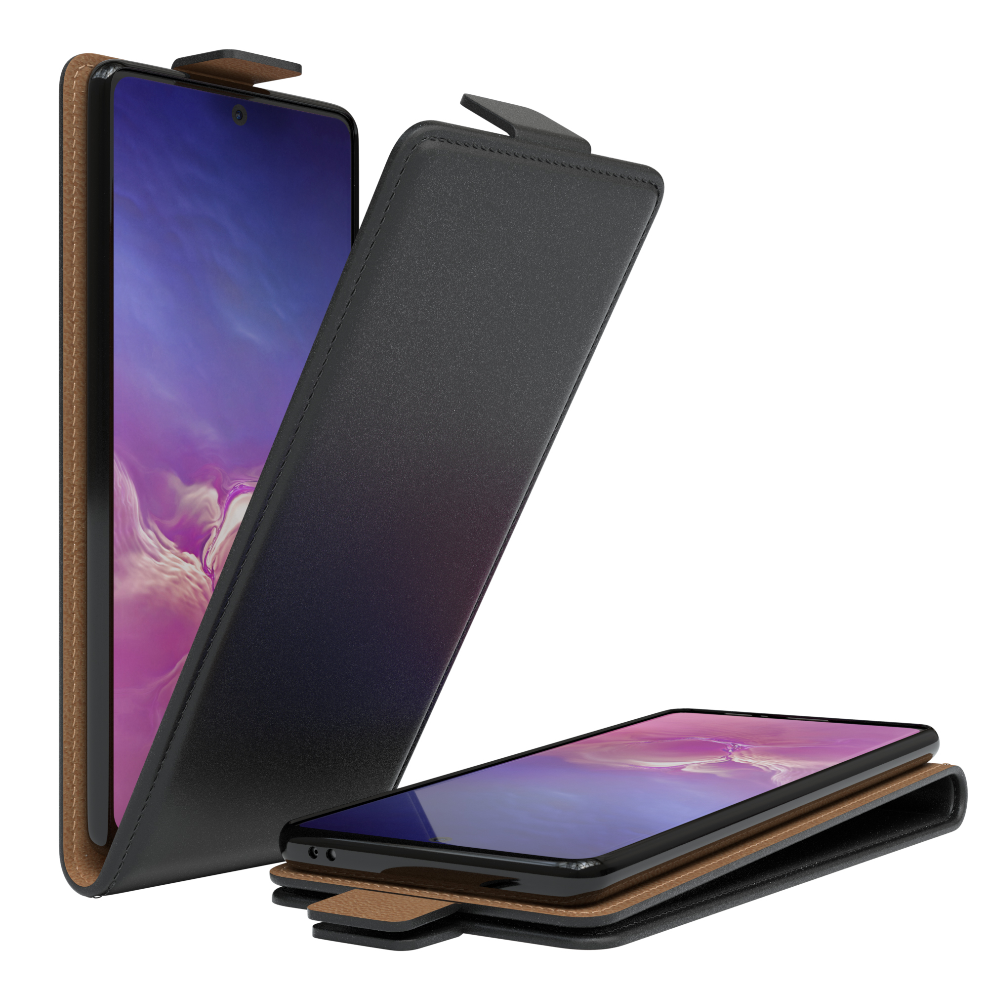 Schwarze Handyhülle mit Telefon. Eine offen, eine geschlossen. Weißer Hintergrund.