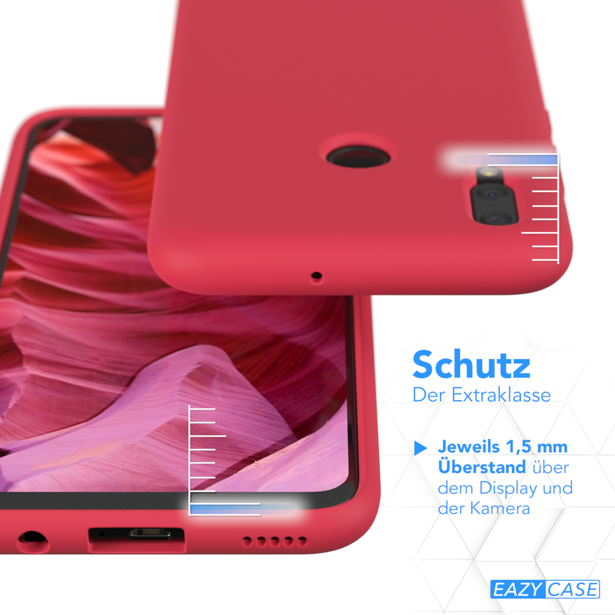 Rote Handyhülle auf einem Telefon mit Kameraausschnitt. Text sagt extra Schutz.