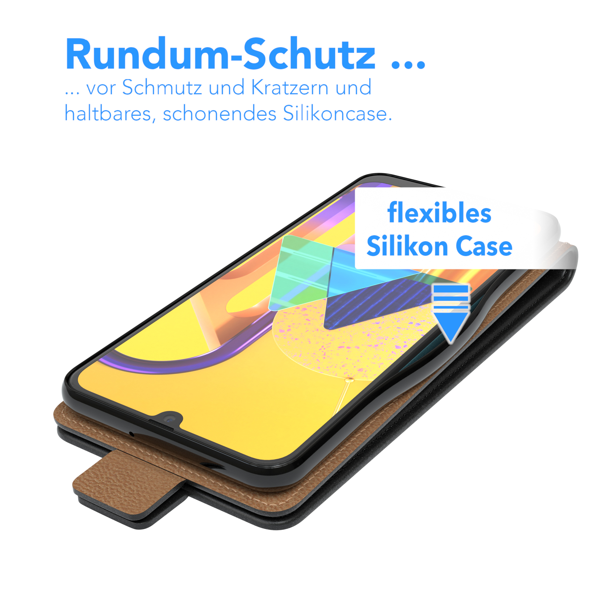 Telefon in einer Hülle. Zeigt eine flexible Silikonhülle, die vor Kratzern und Schmutz schützt.