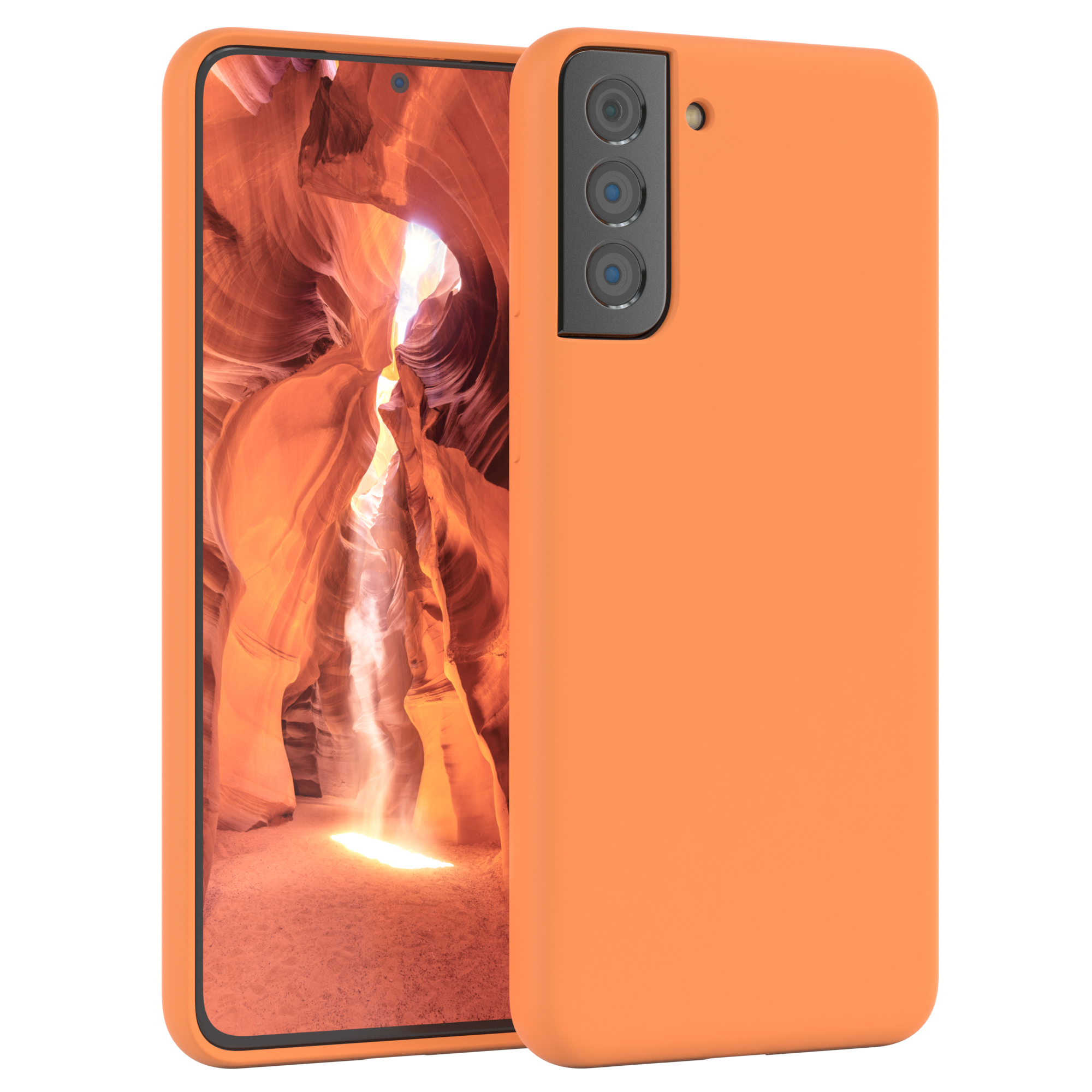 Orangene Handyhülle mit Handy, das eine Schluchtszene zeigt. Die Handyhülle befindet sich rechts.