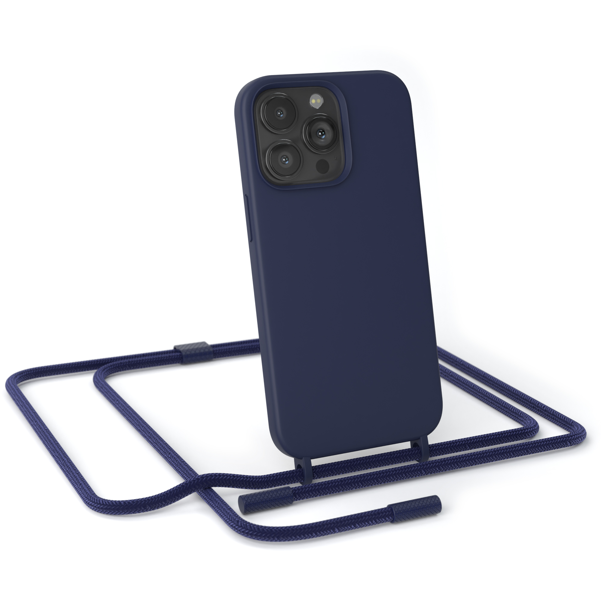 Eine marineblaue Handyhülle mit einem marineblauen Riemen. Das Telefon wird von hinten gezeigt.