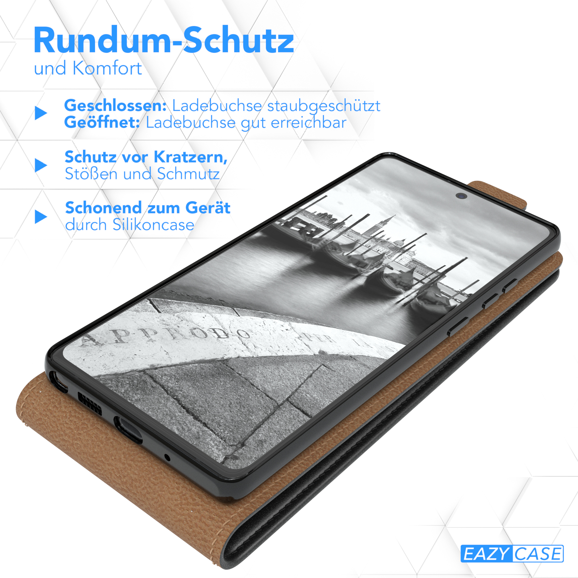 Telefon in brauner Hülle, geöffnet, zeigt Boote. Text: Rundum-Schutz. Weißer Hintergrund.