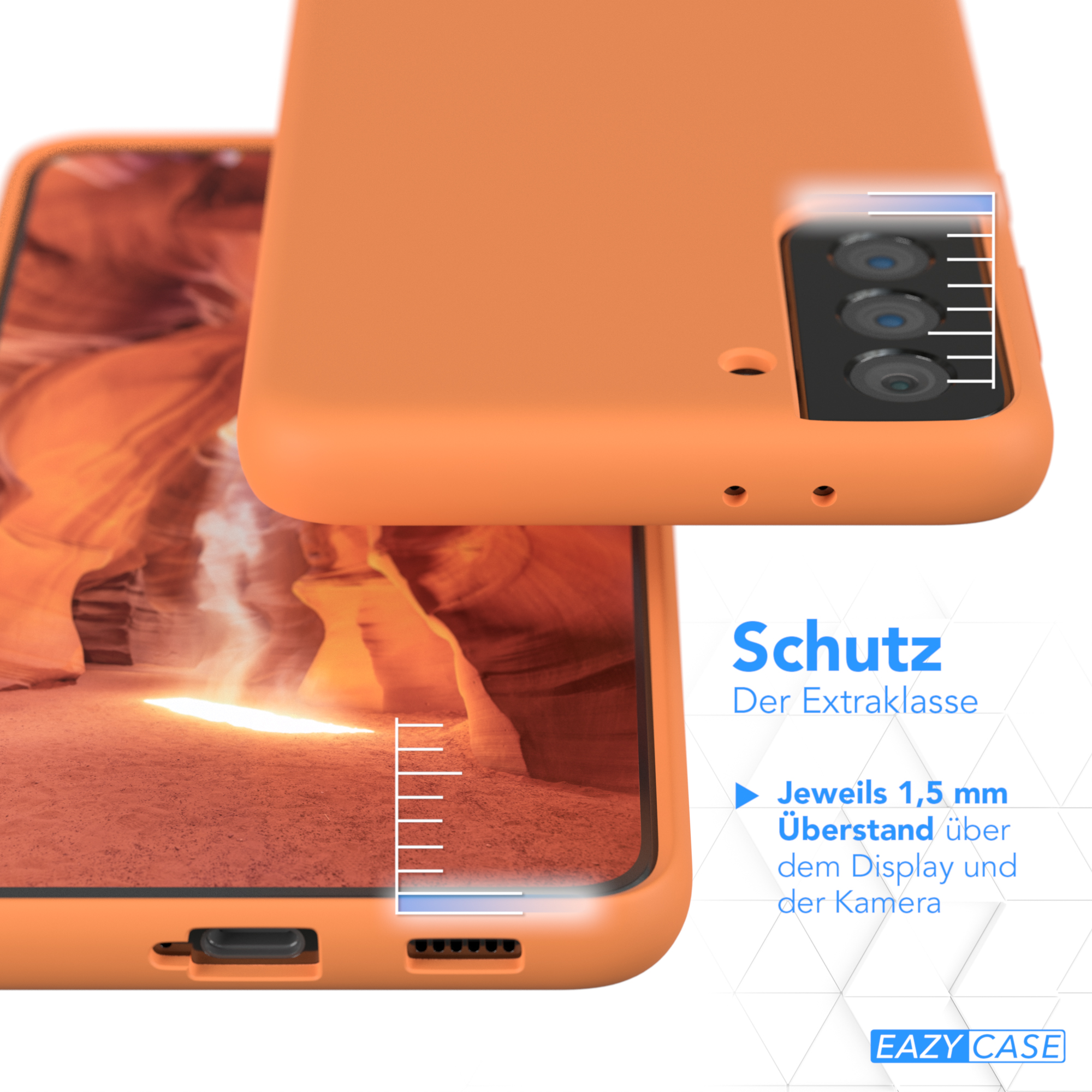 Orange Handyhülle, Telefon teilweise darin. Text: Schutz, Der Extraklasse. 1,5 mm über Display und Kamera.