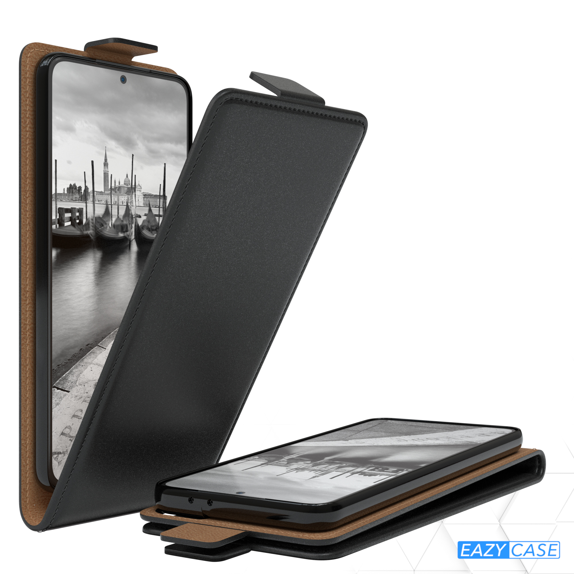 Schwarze Handyhülle offen, zeigt ein Telefon mit einer Venedig-Szene. Die Hülle hat braune Einfassung.