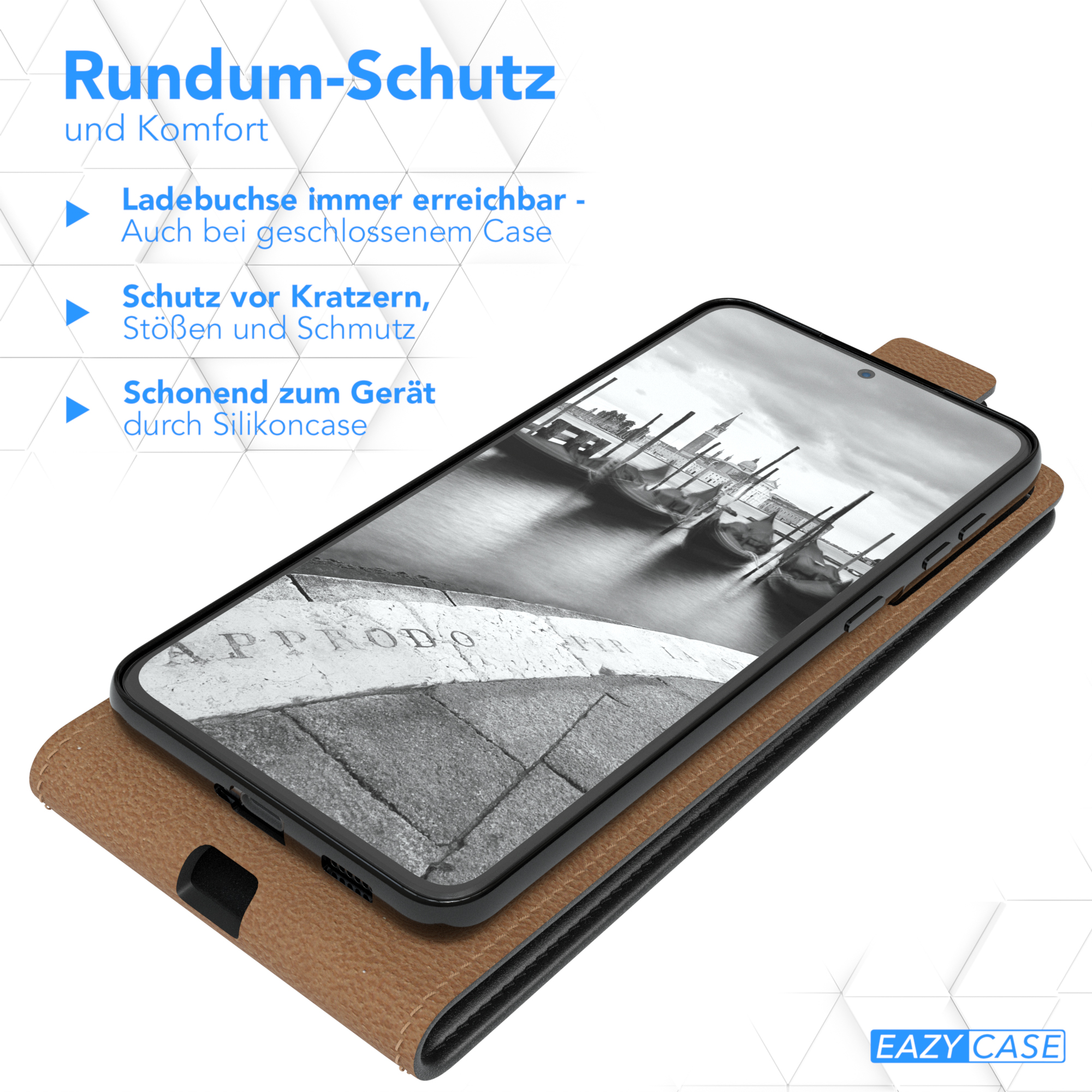 Telefon in brauner Hülle, offen. Text: 'Rundum-Schutz'. Bildschirm zeigt s/w Foto von Booten.