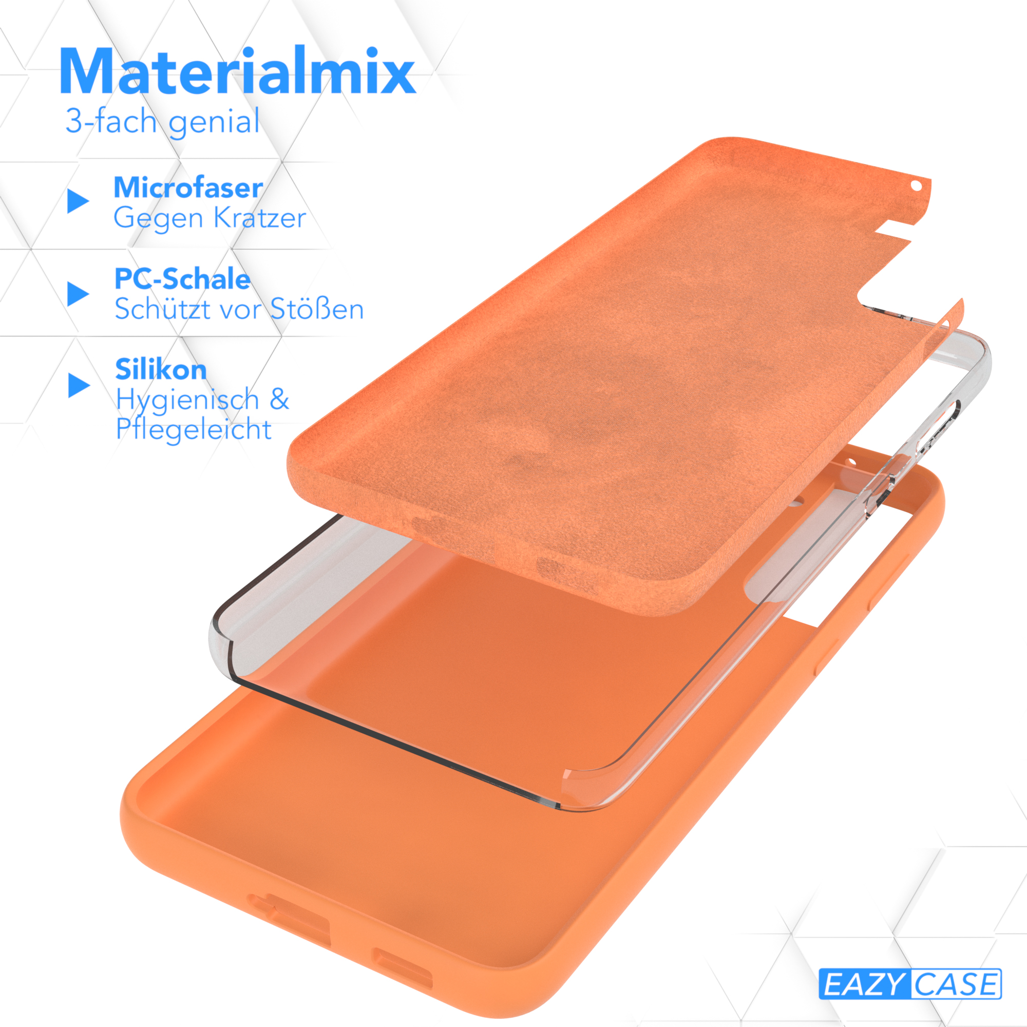 Orangefarbene Handyhüllen-Schichten. Text: Materialmix.