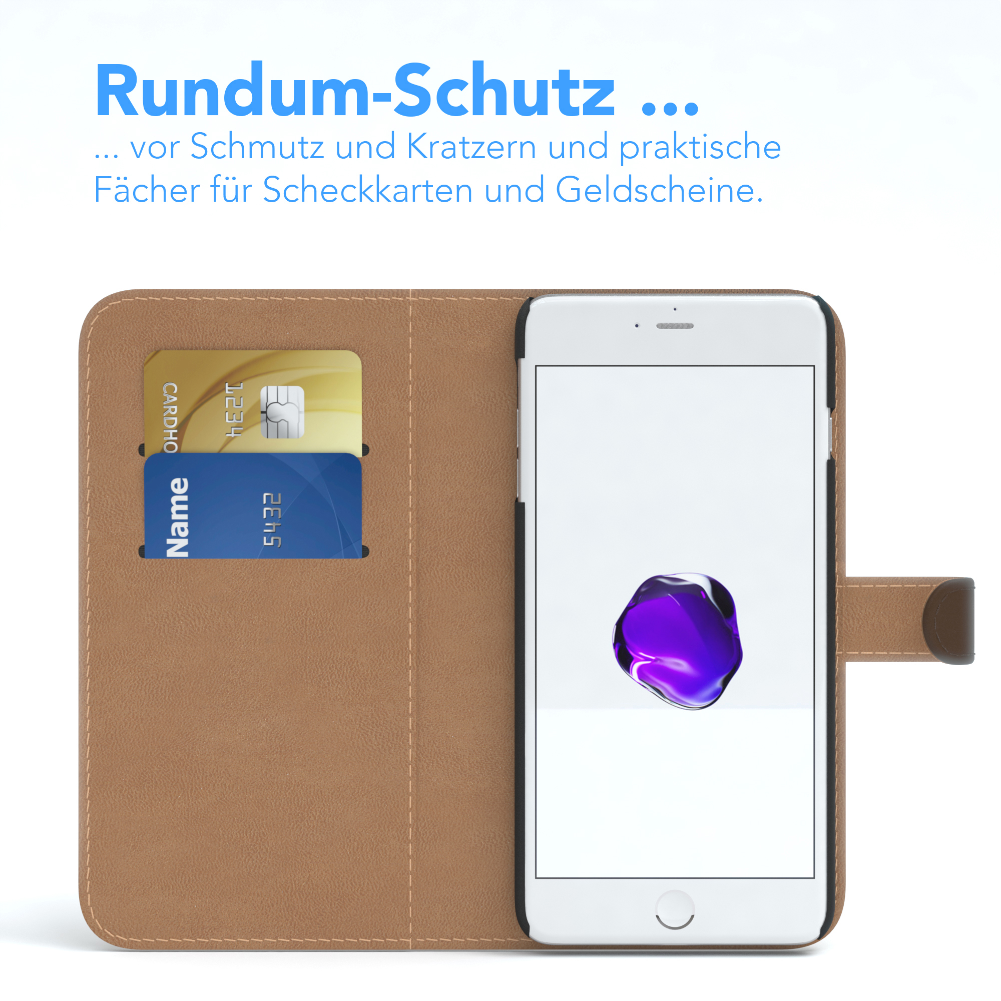 Ein Telefon in einer braunen Hülle, das zwei Karten in Kartenfächern zeigt.