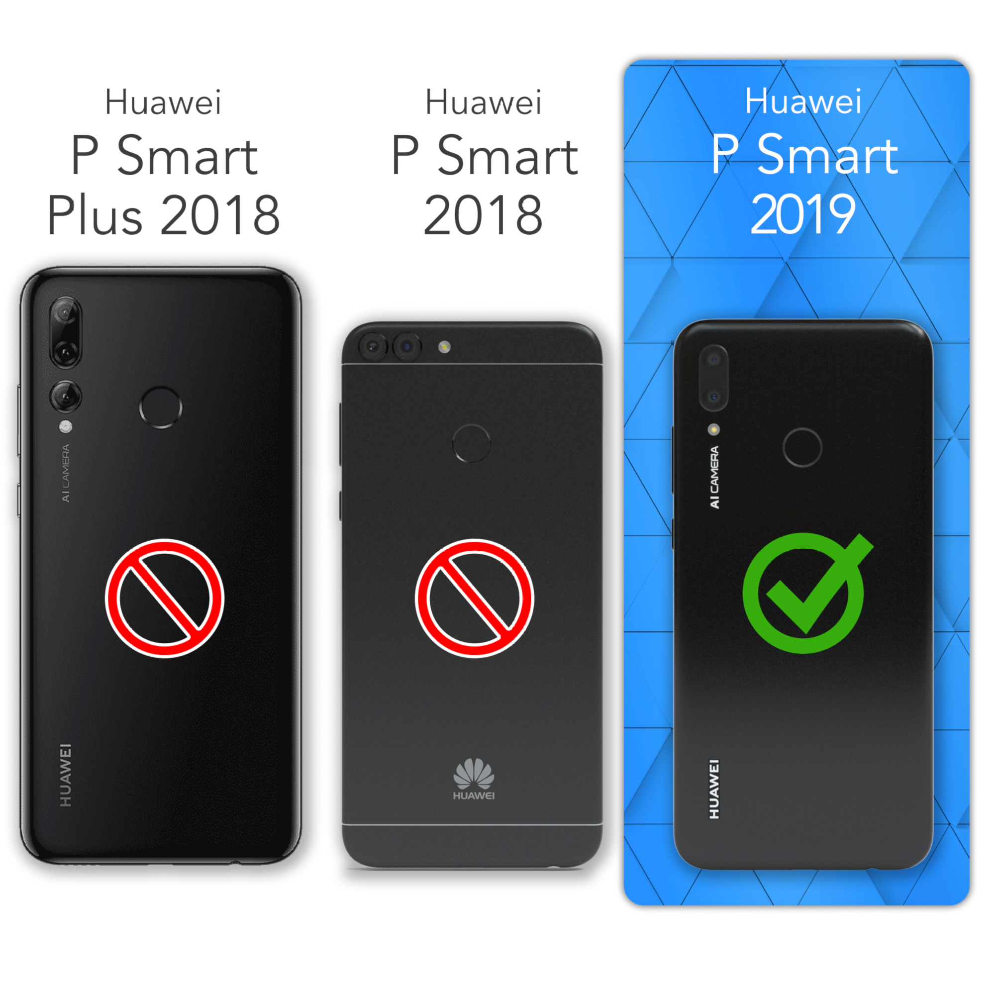 Drei Telefone, Huawei P Smart 2019 hat ein Häkchen, andere ein rotes Verbotszeichen. Text: Huawei-Modelle.