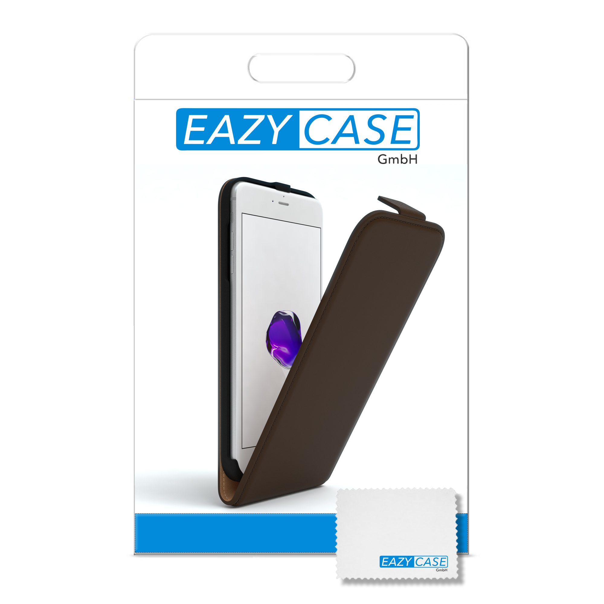 Telefon in brauner Hülle, geöffnet. Weißer Hintergrund, Eazy Case Logo. Ein kleines Reinigungstuch im Rahmen.