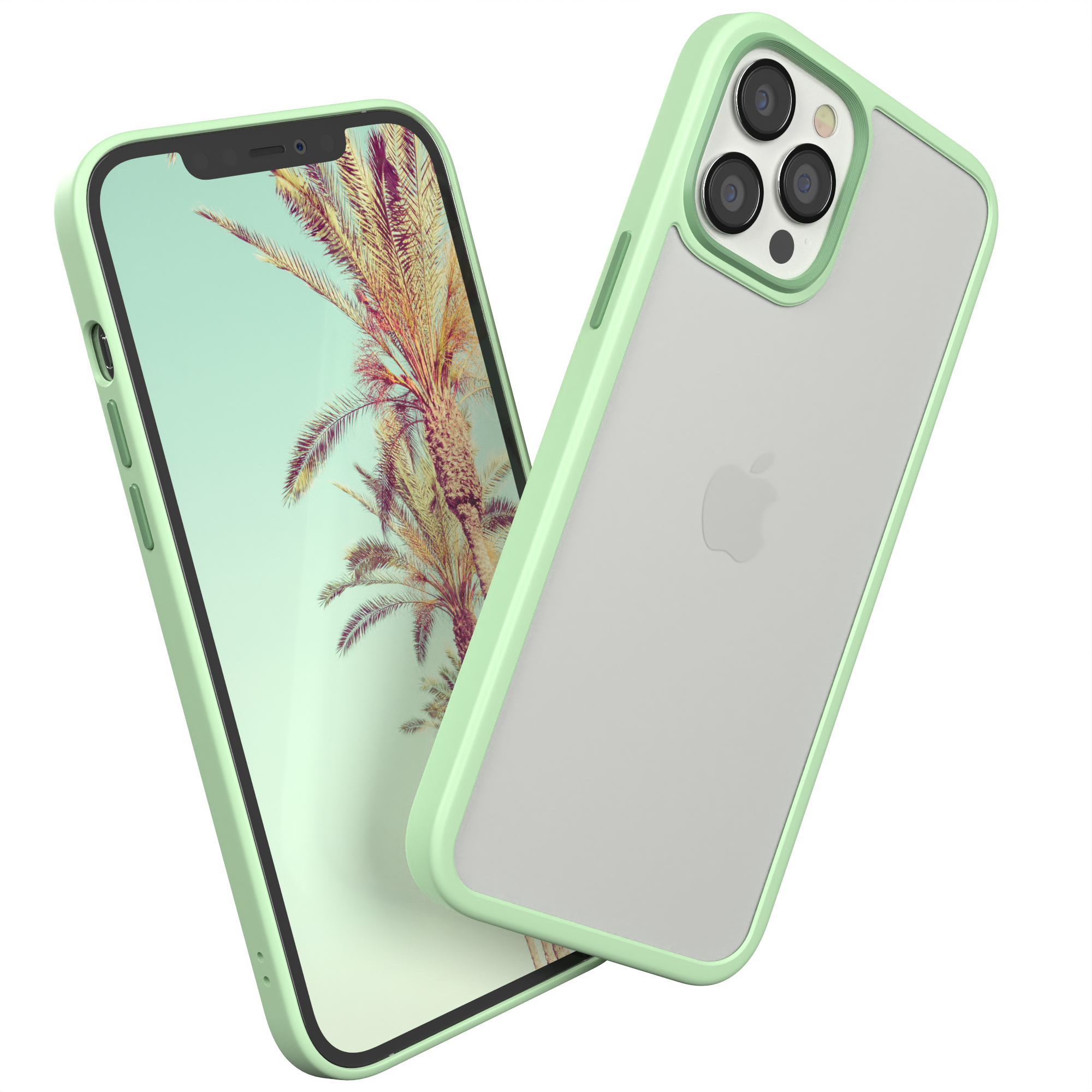 Minzgrüne Handyhülle mit einem Telefon, das eine Palmenlandschaft zeigt. Die Handyhülle hat drei Kameras.