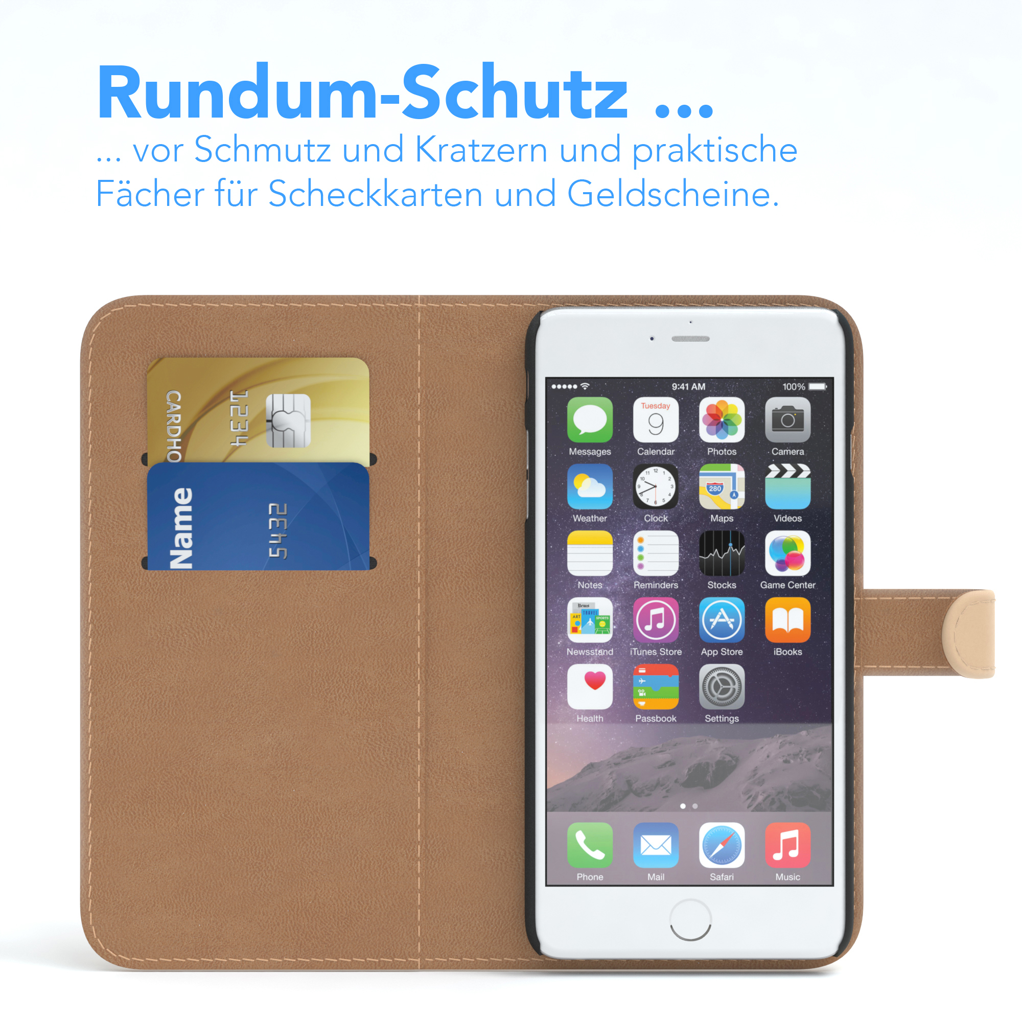 Handyhülle mit Handy, das Apps und Kreditkarten anzeigt. Hellbraune Hülle mit Handy drin.