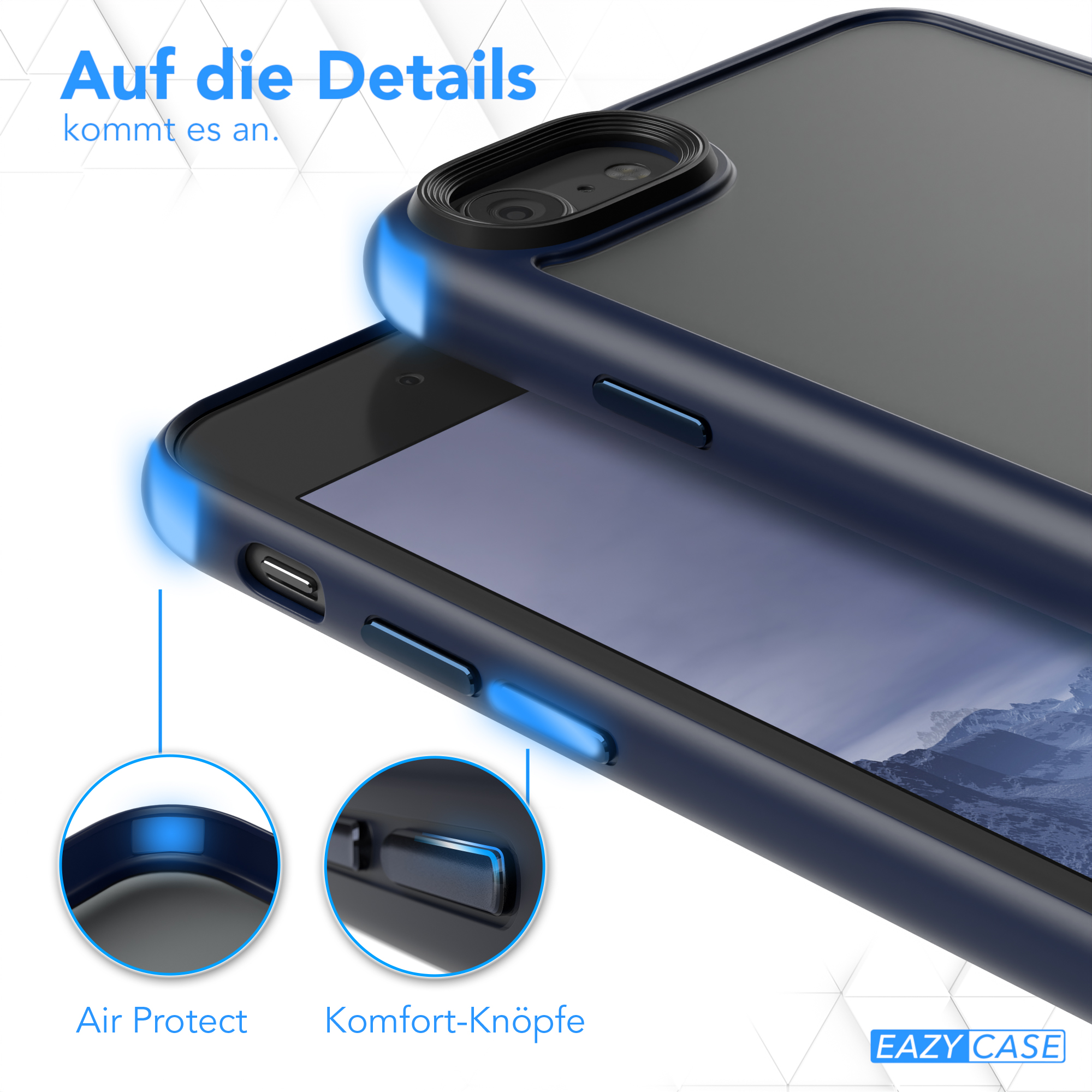 Nahaufnahme der Handyhülle: Air Protect und Komforttasten, Text: Auf die Details.