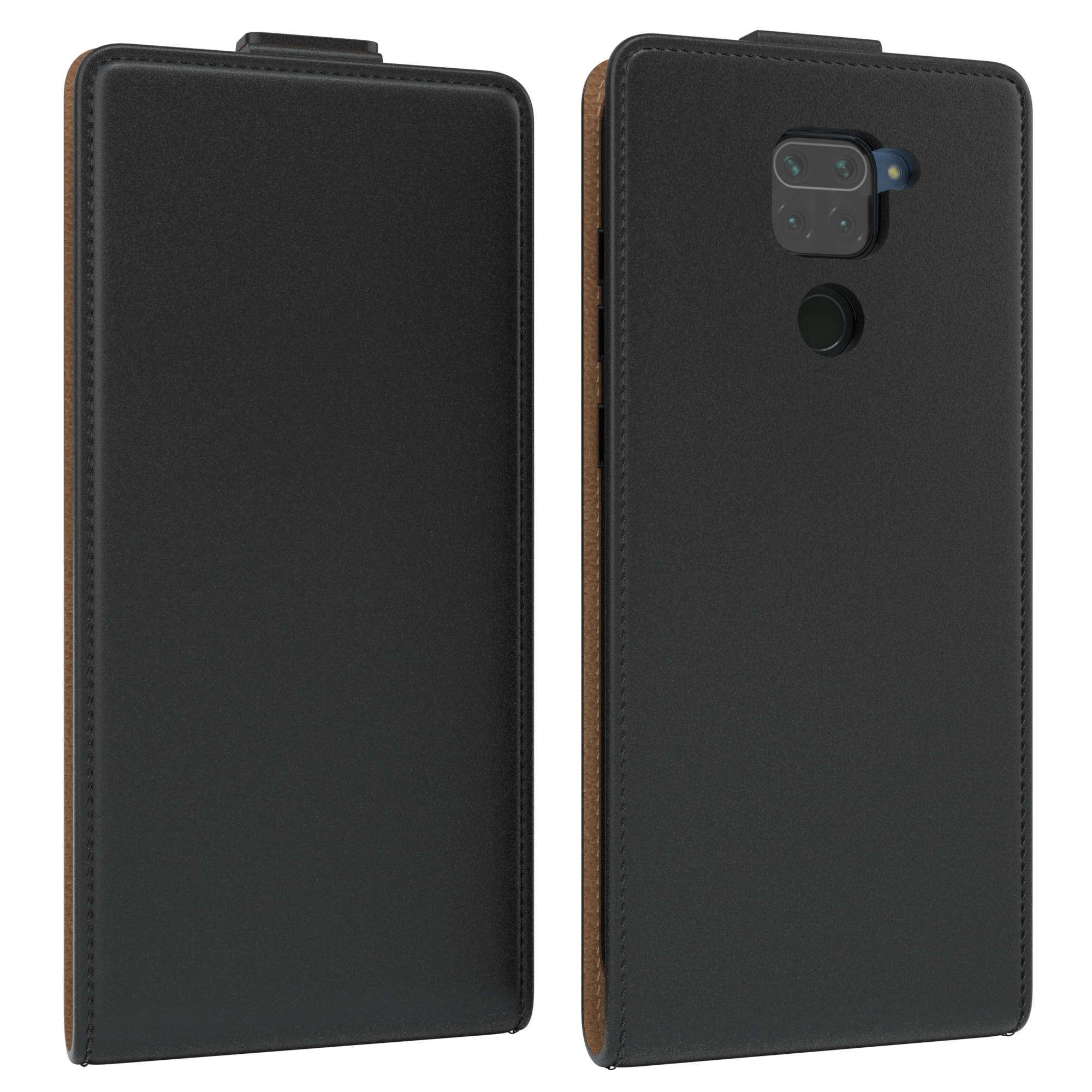 Schwarze Handyhülle mit Telefon im Inneren, Vorder- und Rückseite.