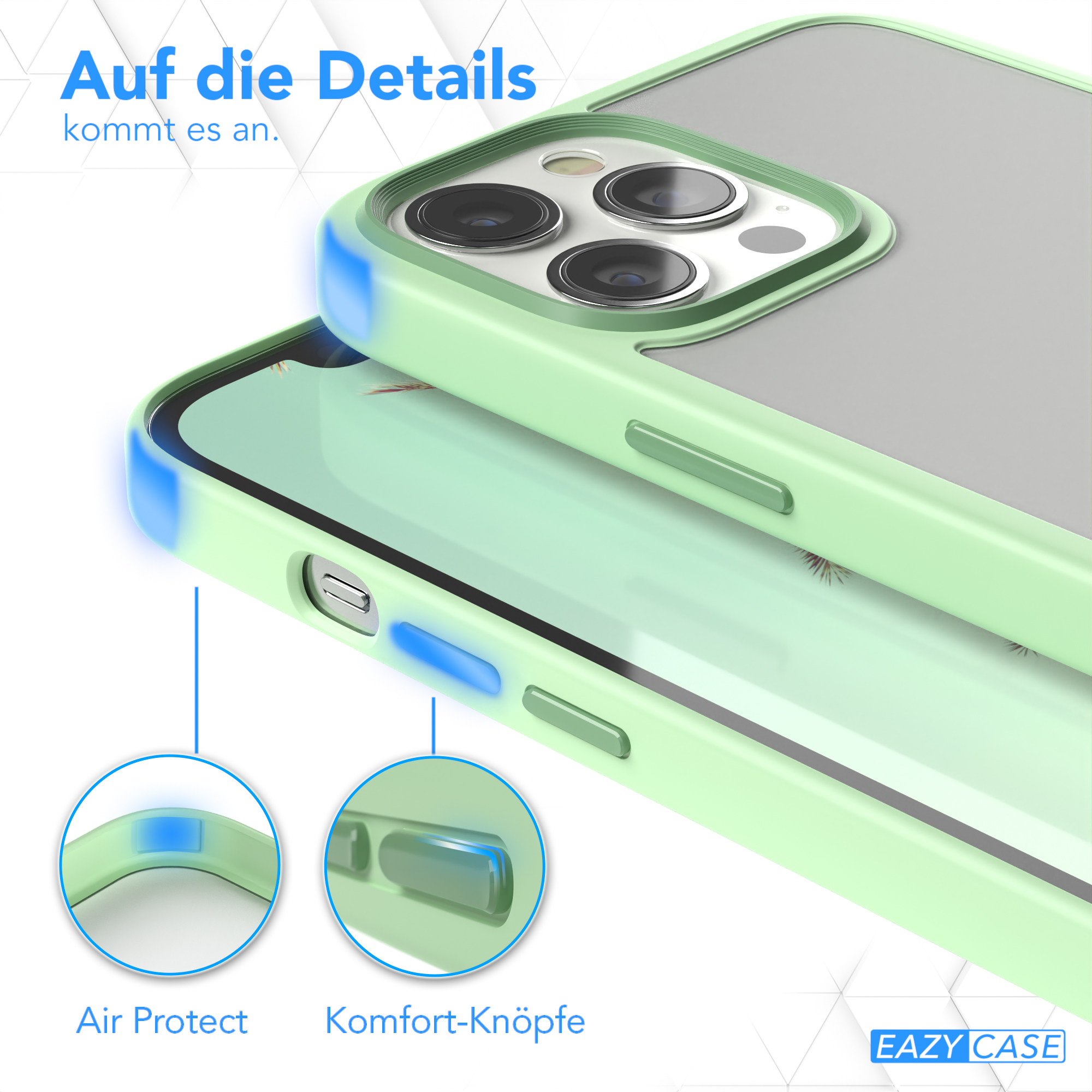 Nahaufnahme einer grünen Handyhülle. Zwei Detailbereiche zeigen Tasten- und Luftschutzfunktionen.
