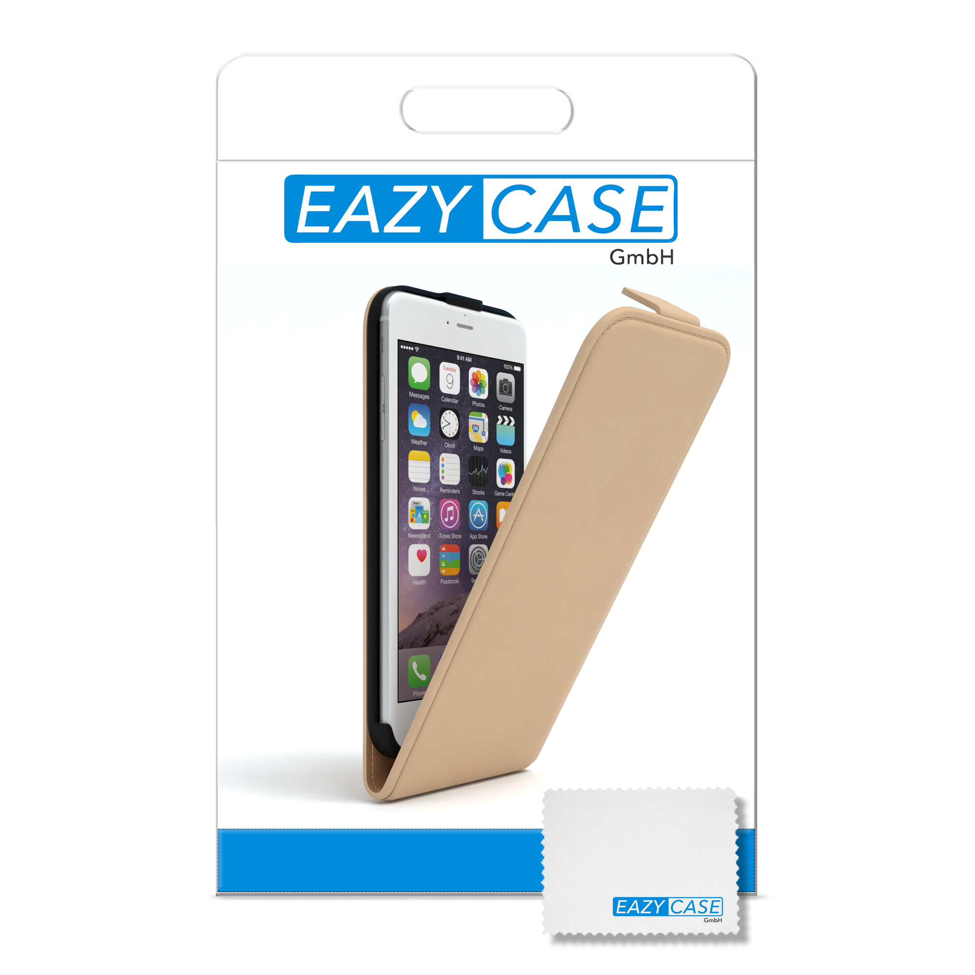 Telefon in einer beigen Hülle. Hülle geöffnet, zeigt den Bildschirm des Telefons. Produktverpackung im Hintergrund.
