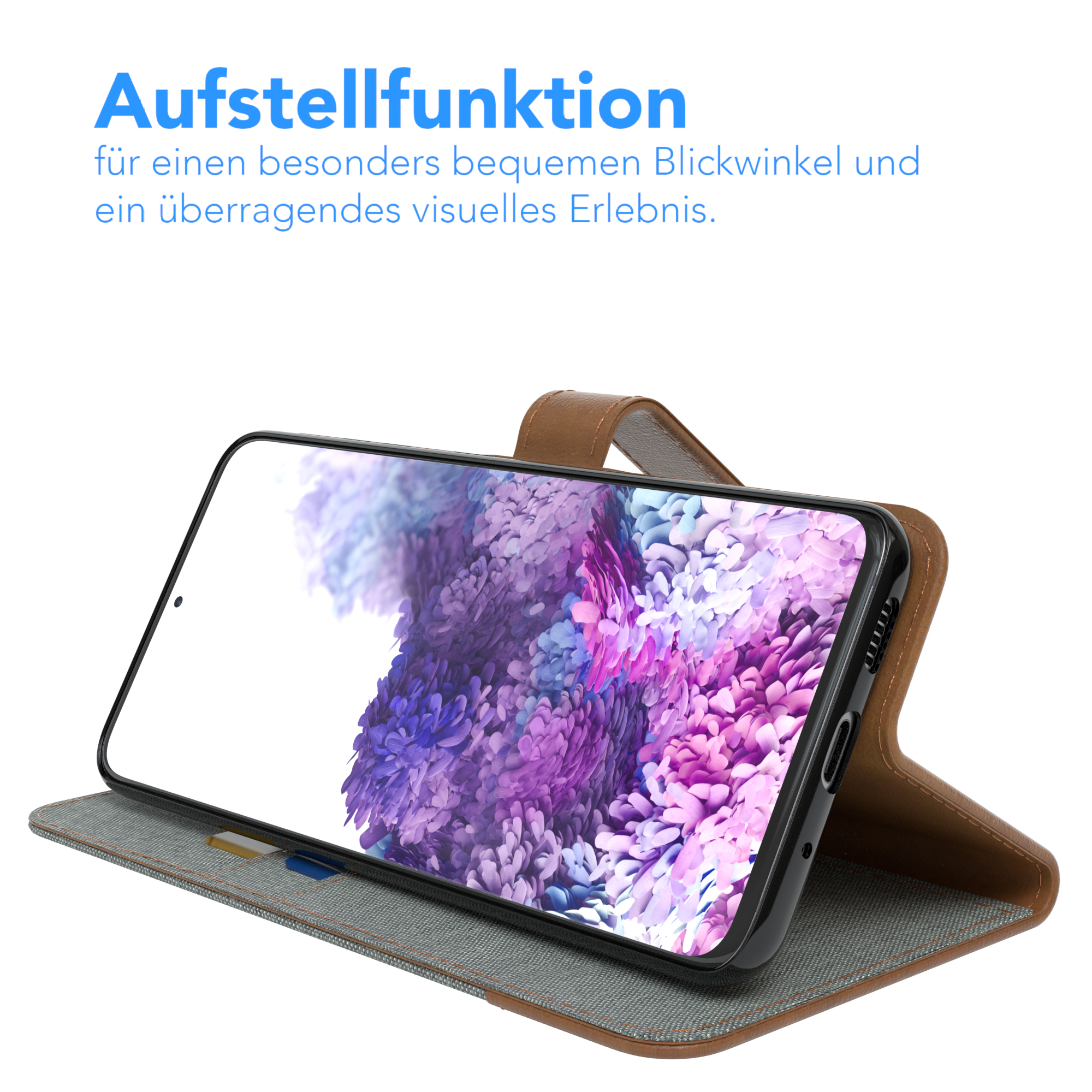 Telefon in einem Case, hochgestellt. Lederhülle, Bildschirm sichtbar, Bild wird angezeigt. Weißer Hintergrund.