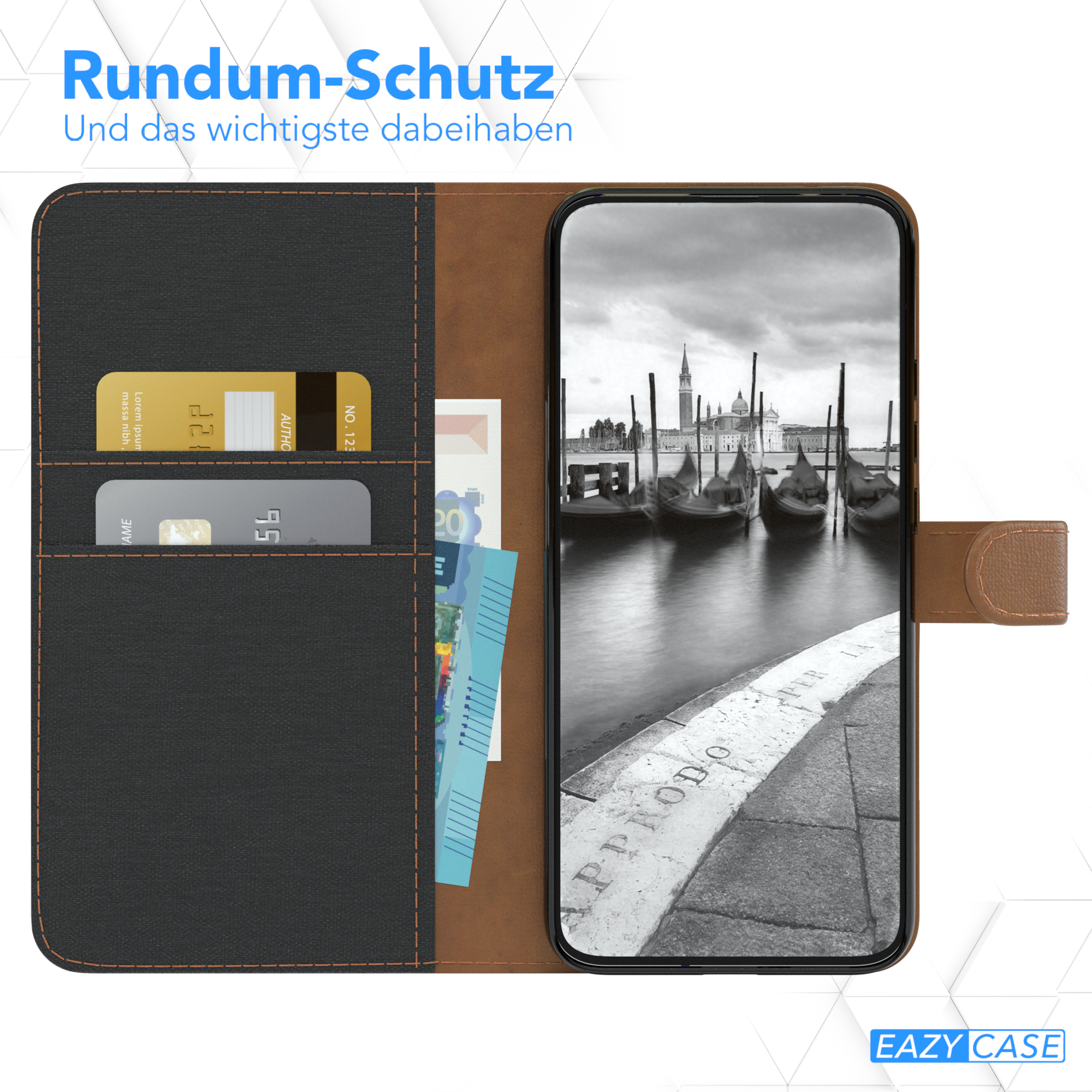 Telefonhülle offen mit Geldbörse und Telefon. Venedig-Kanal-Bild auf dem Telefon. Braunleder und schwarzer Stoff.