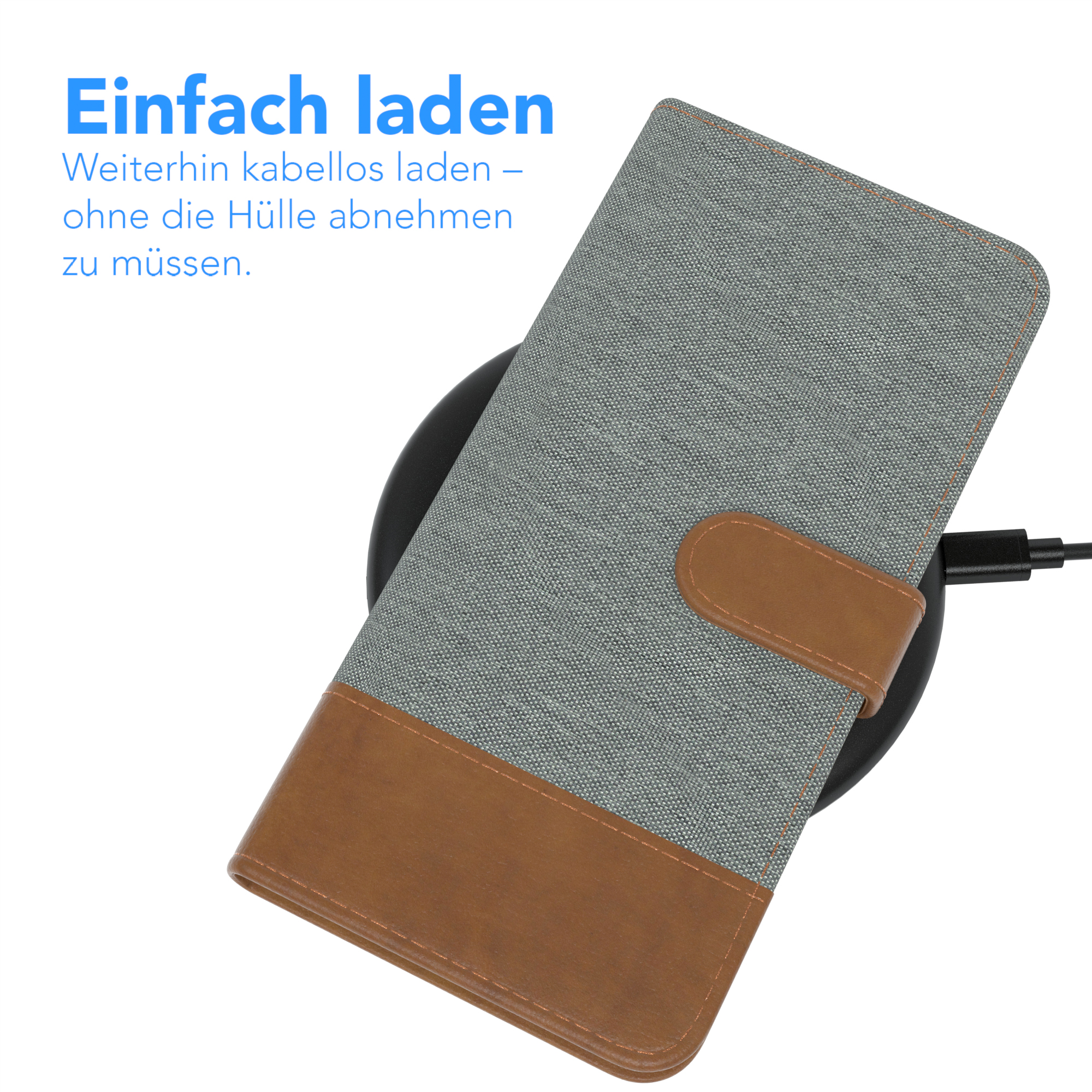 Handyhülle lädt auf kabellosem Ladegerät. Die Hülle ist grau und braun. Text: Einfach laden (Einfaches Laden).