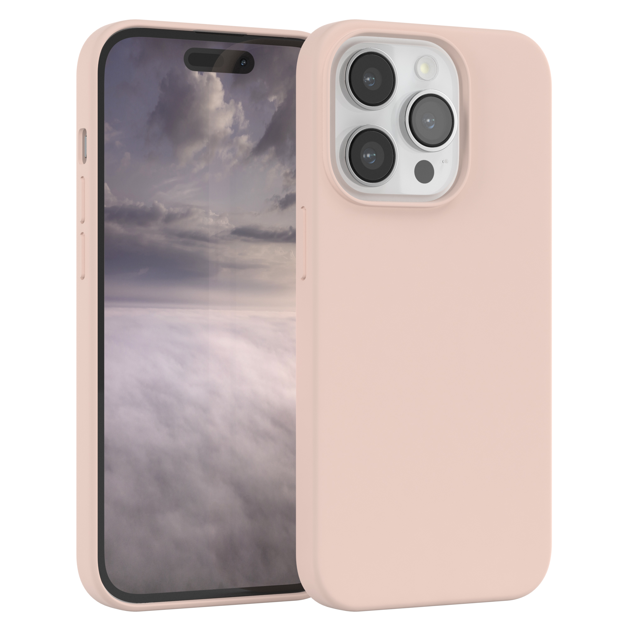 Rosa Handyhülle mit Telefon. Das Telefon hat einen schwarzen Bildschirm. Weißer Hintergrund.