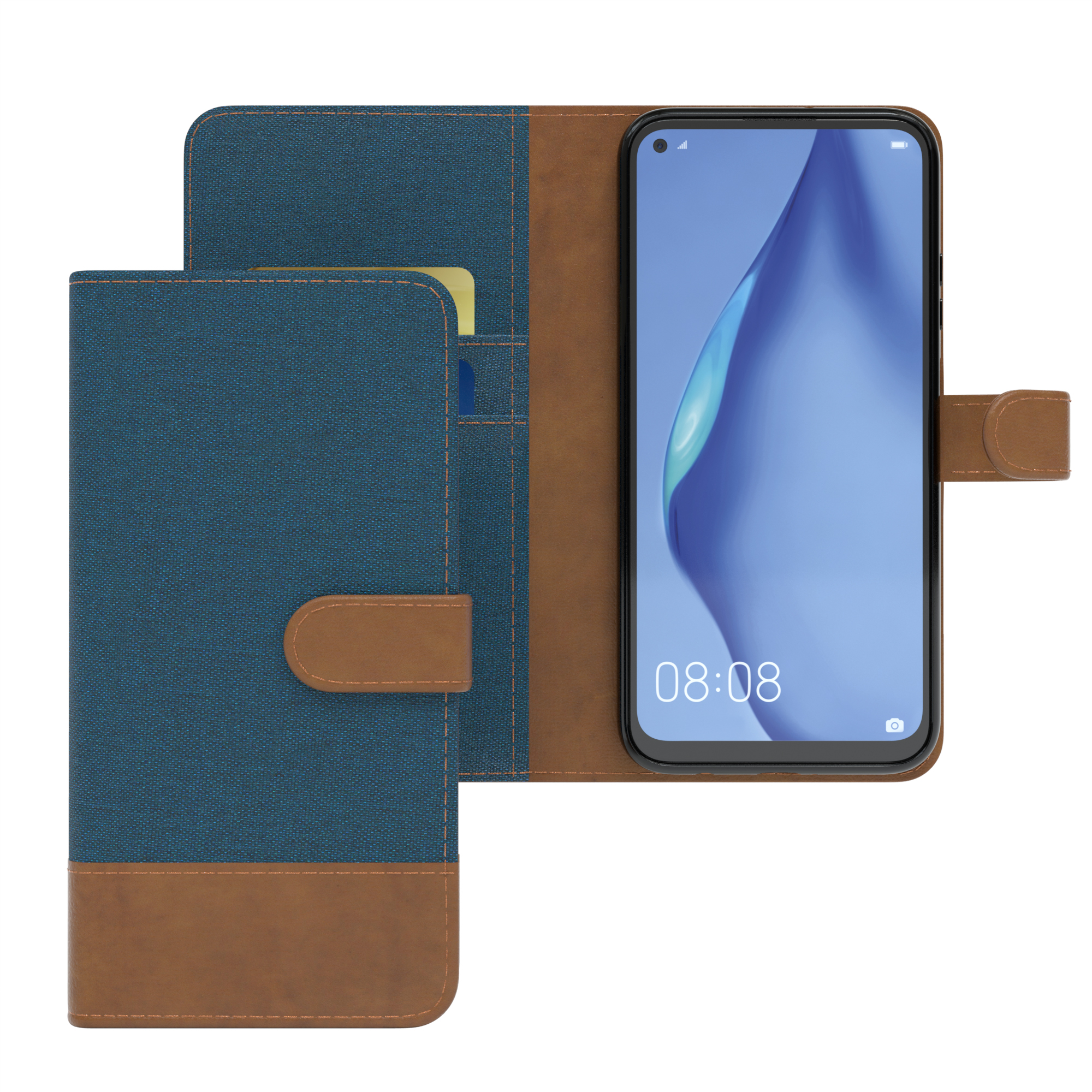 Blau-braune Handyhülle mit Telefon, das eine Uhr zeigt.