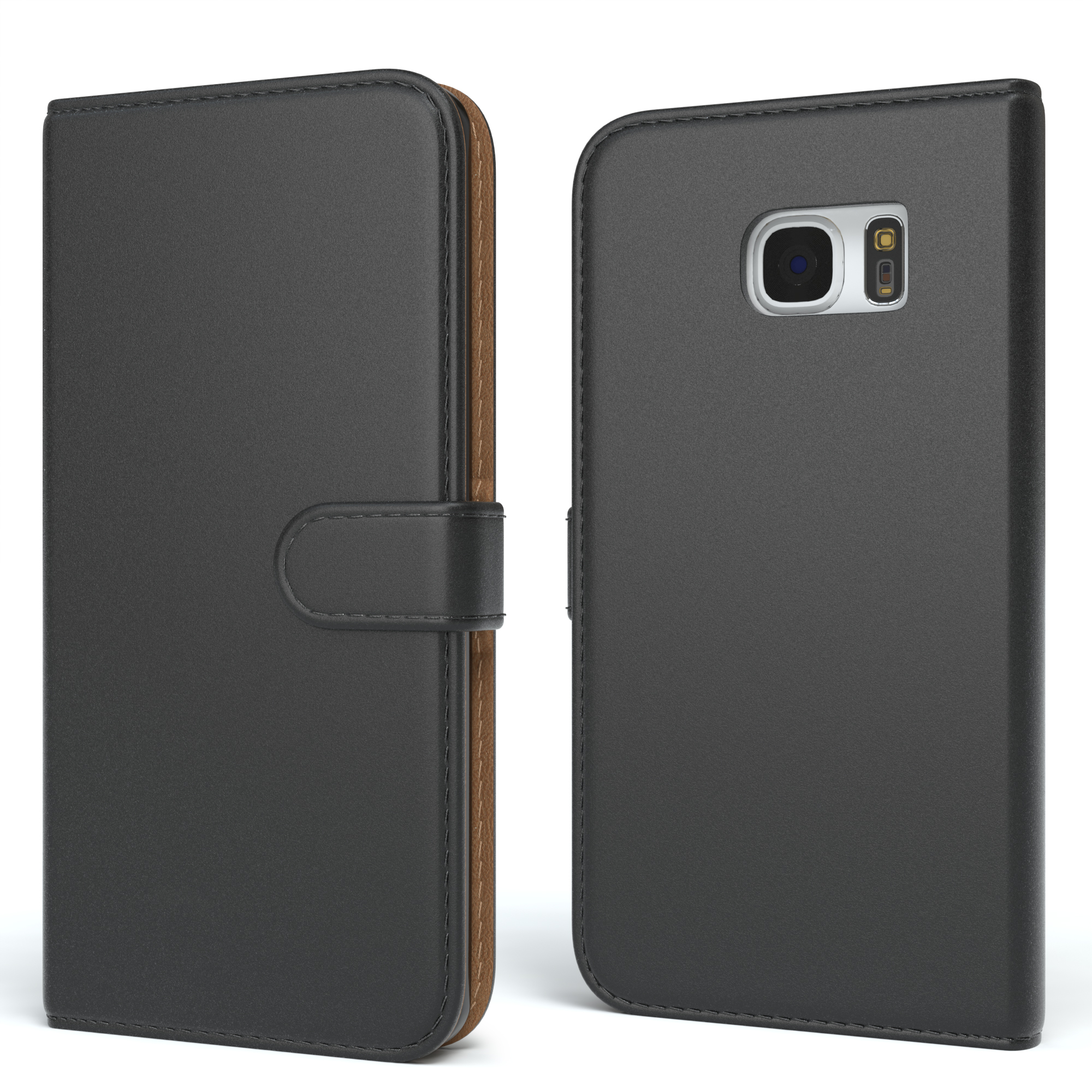 Schwarze Handyhülle mit schwarzem Telefon. Zeigt eine geschlossene schwarze Handyhülle.