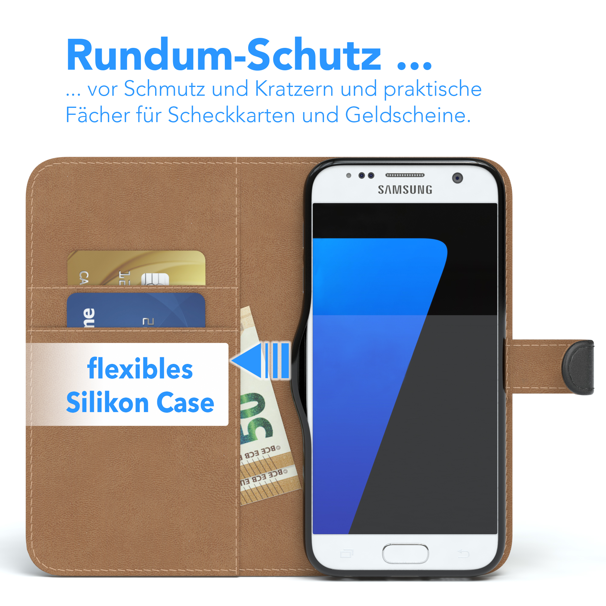 Geöffnete Handyhülle mit Telefon und Karten. Text: Rundum-Schutz... vor Schmutz und Kratzern und flexibles Silikon Case.