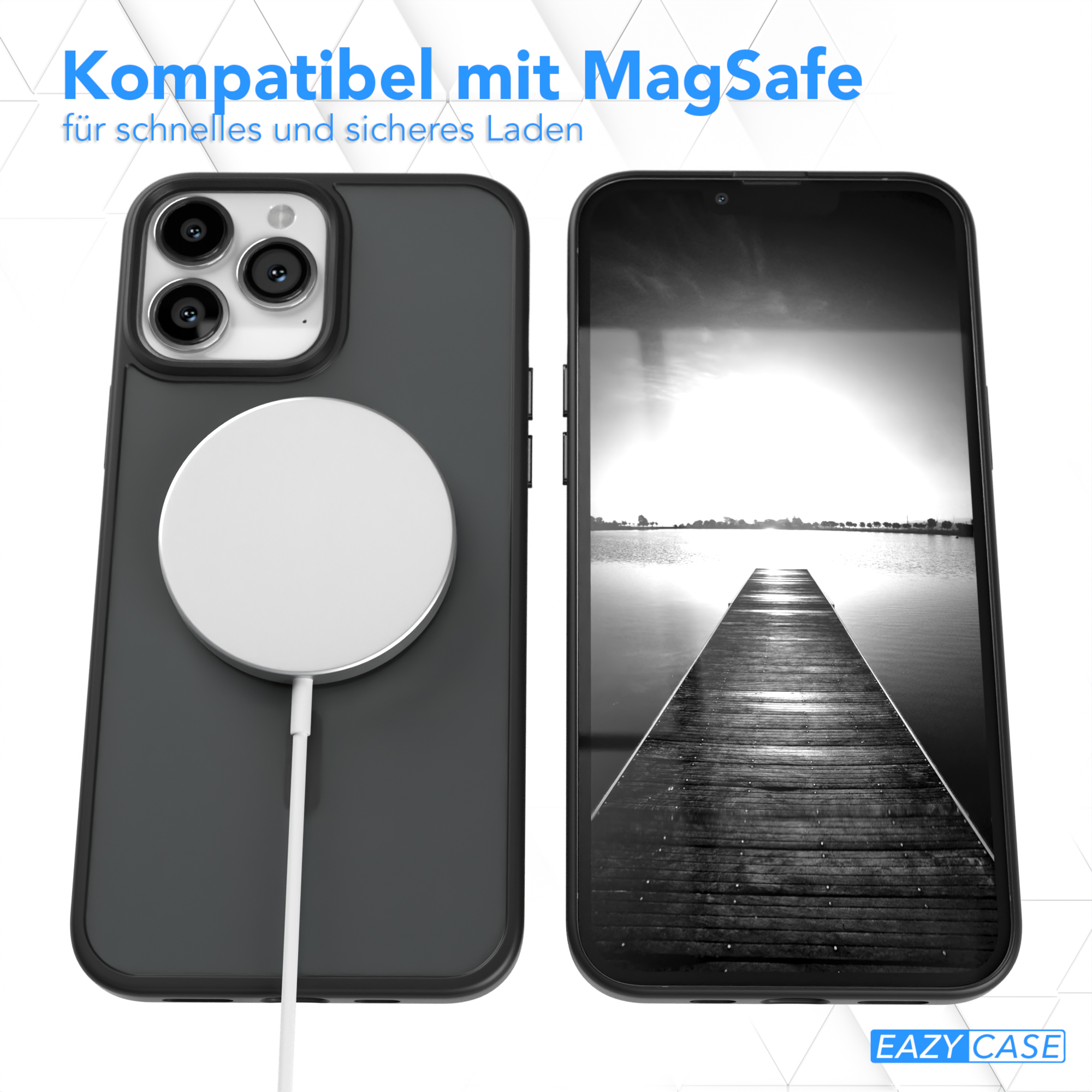 Schwarzes Telefon mit einem MagSafe-Ladegerät. Das andere Telefon zeigt eine Schwarz-Weiß-Landschaft.
