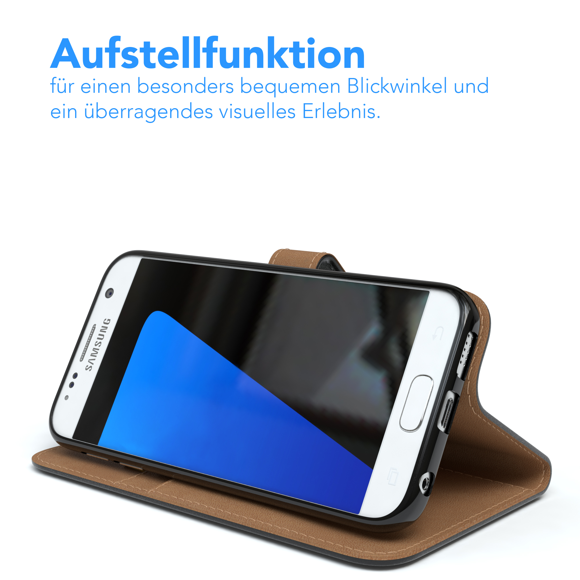 Telefon in einer Hülle. Telefon ist aufgestellt. Text auf der Vorderseite: Aufstellfunktion.