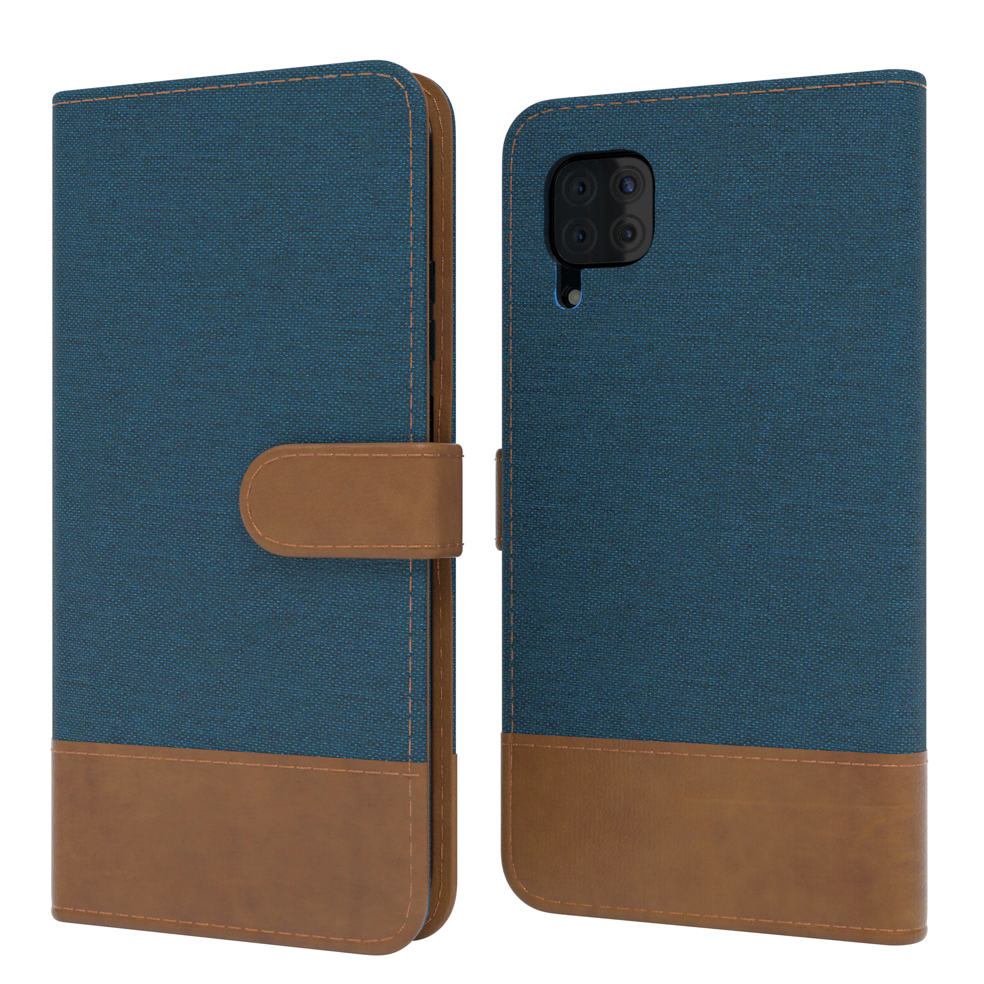 Blau-braune Handyhülle mit einem Telefon auf weißem Hintergrund.