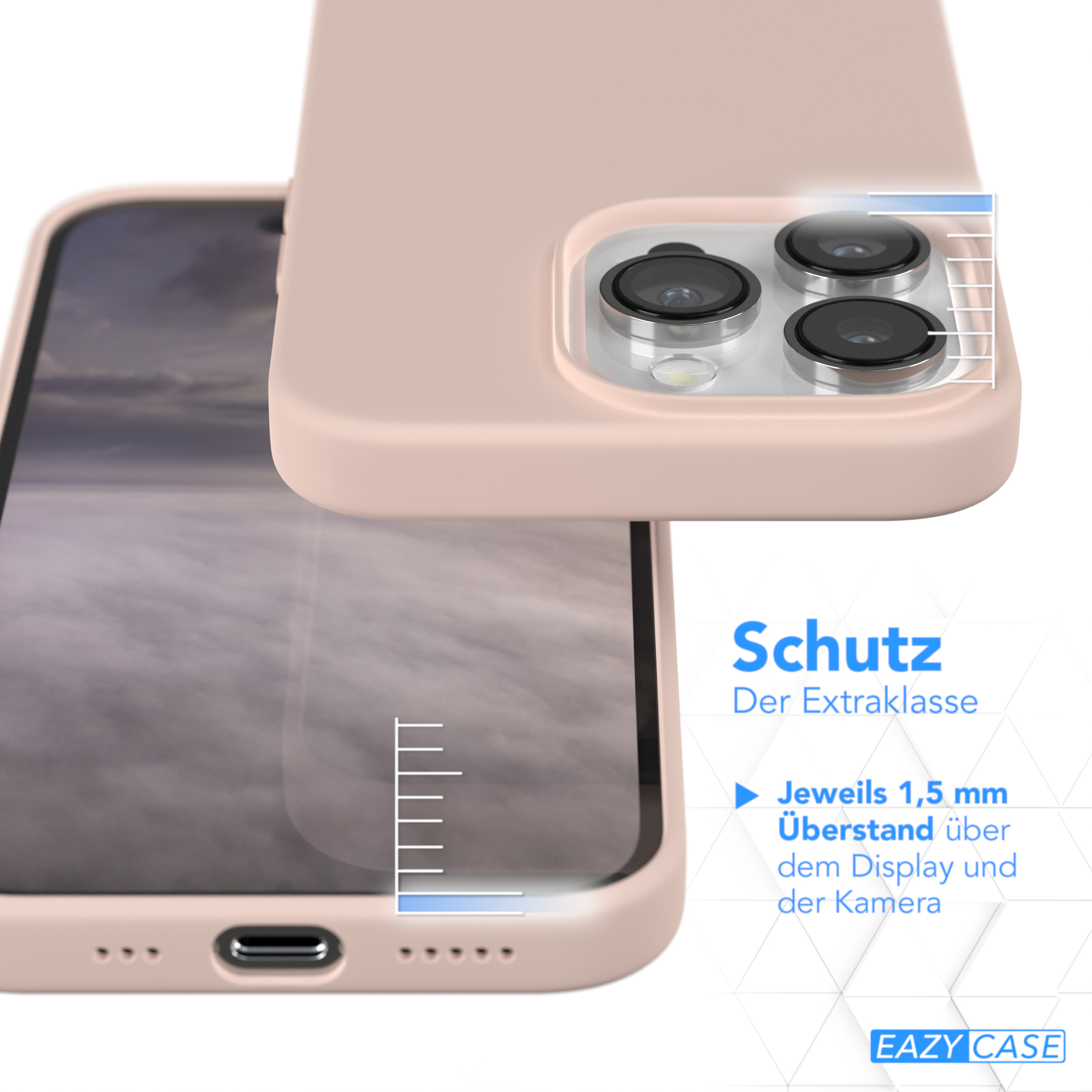 Rosa Handyhülle über einem Handy, zeigt Kameradetails. Text: Schutz. 1,5 mm über Display und Kamera.