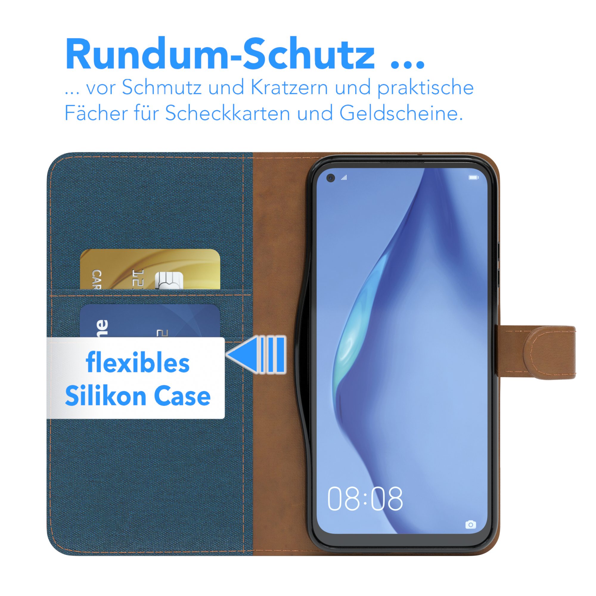 Ein Telefon in einer Hülle mit Kreditkarten, ein Design im Brieftaschenstil, das die Aufbewahrung zeigt.
