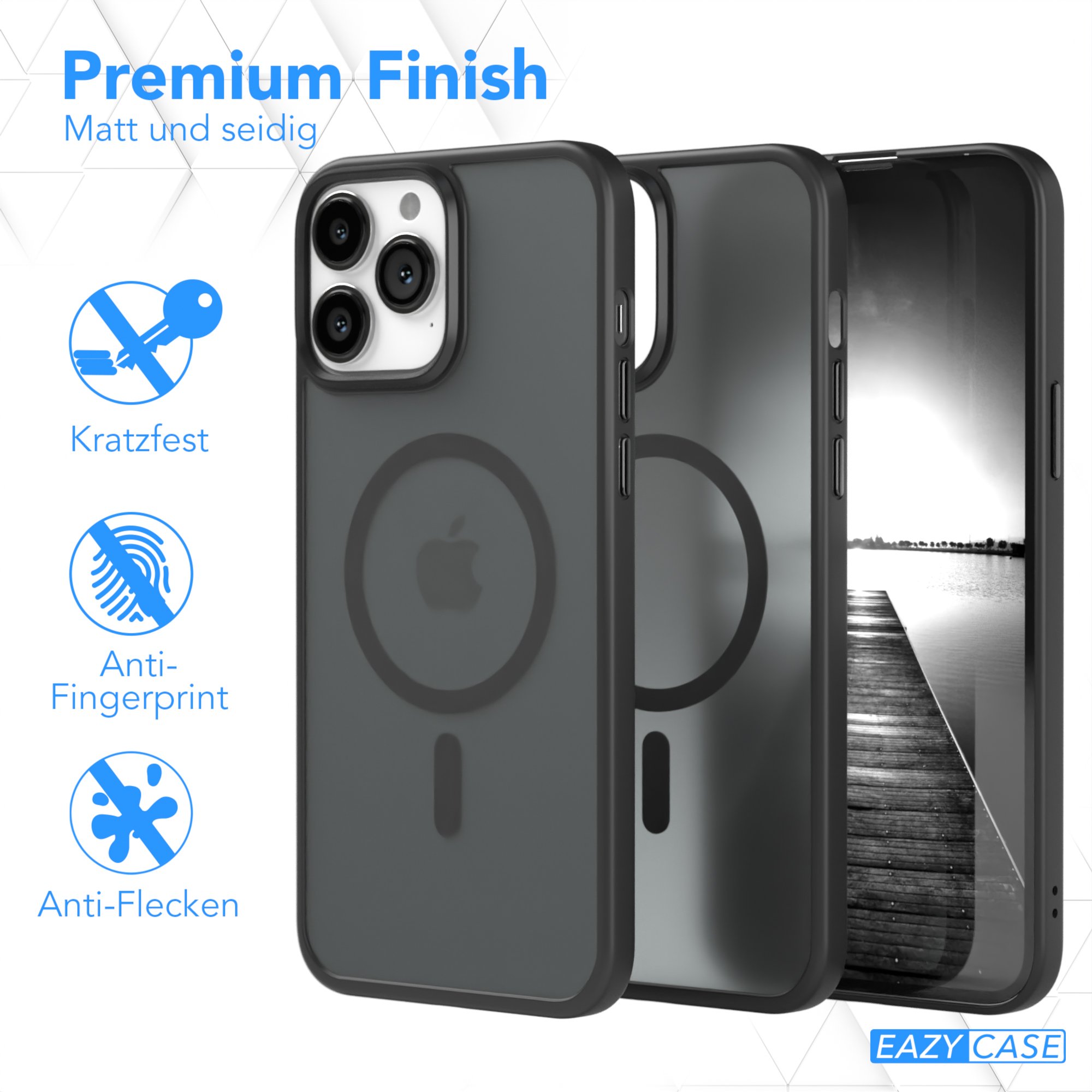 Schwarze Handyhüllen mit Schlüsselsymbolen. Text: Premium-Finish, kratzfest, Anti-Fingerabdruck.