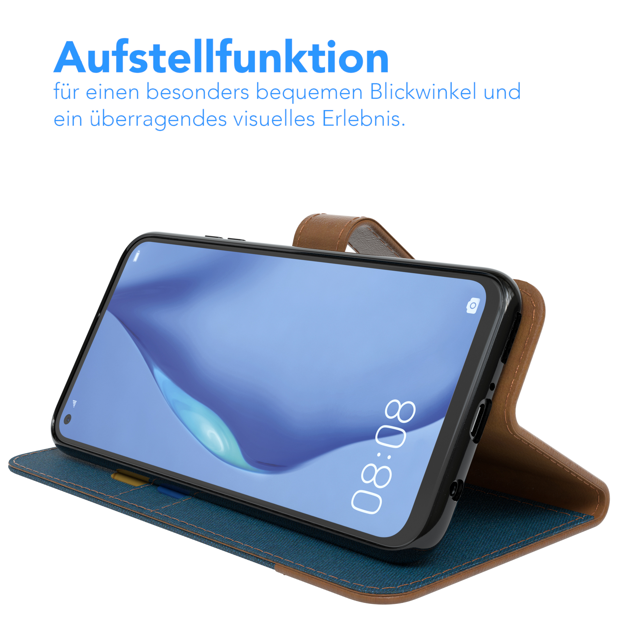 Telefon in einer blau-braunen Hülle, die die Uhrzeit 08:08 anzeigt, auf weißem Hintergrund.