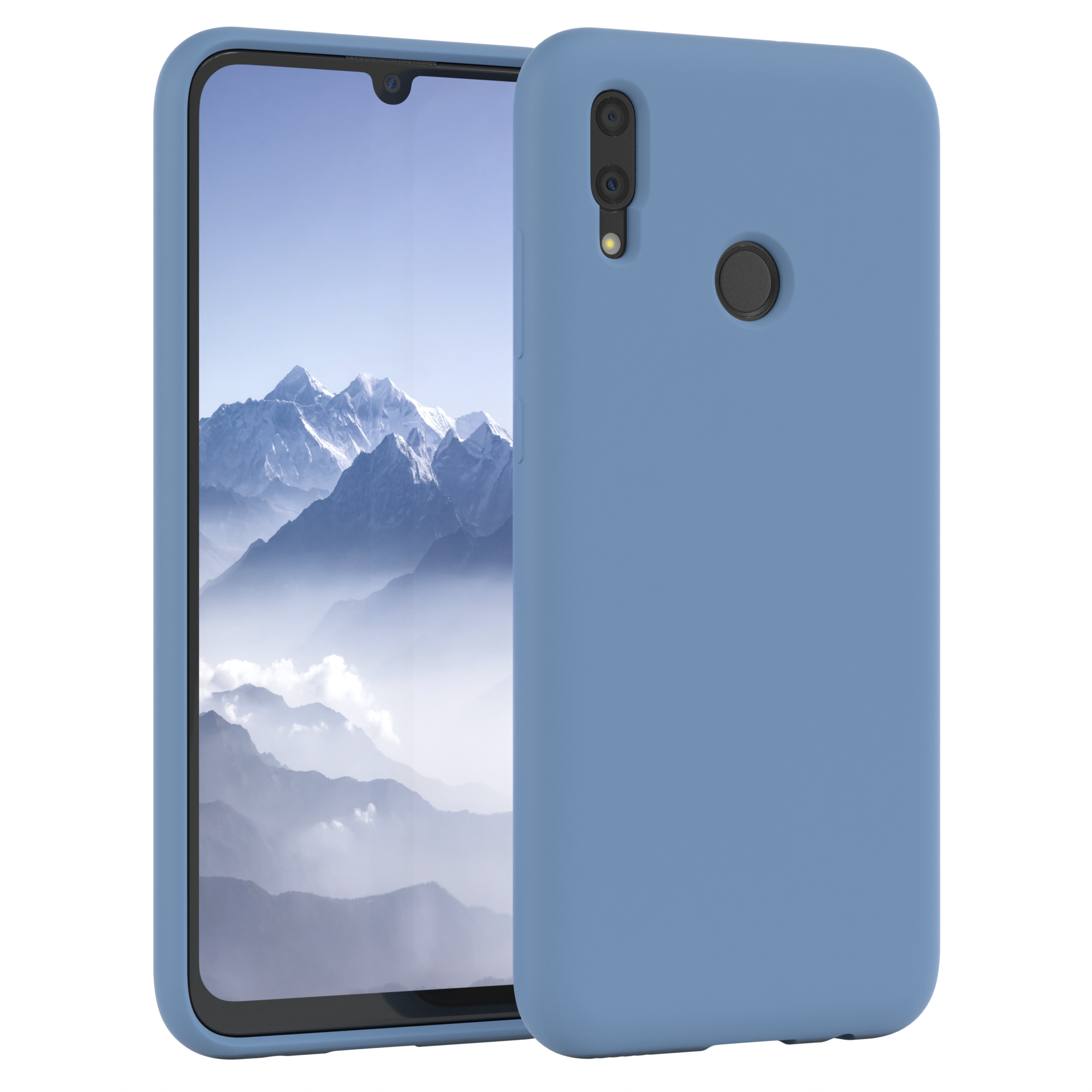 Blaue Handyhülle und ein Telefon. Das Telefon steht im Mittelpunkt.