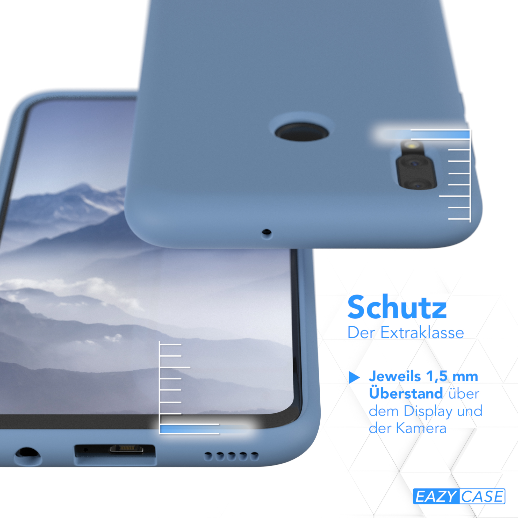 Blaue Handyhülle auf einem Telefon. Nahaufnahme mit Schutzdetails.