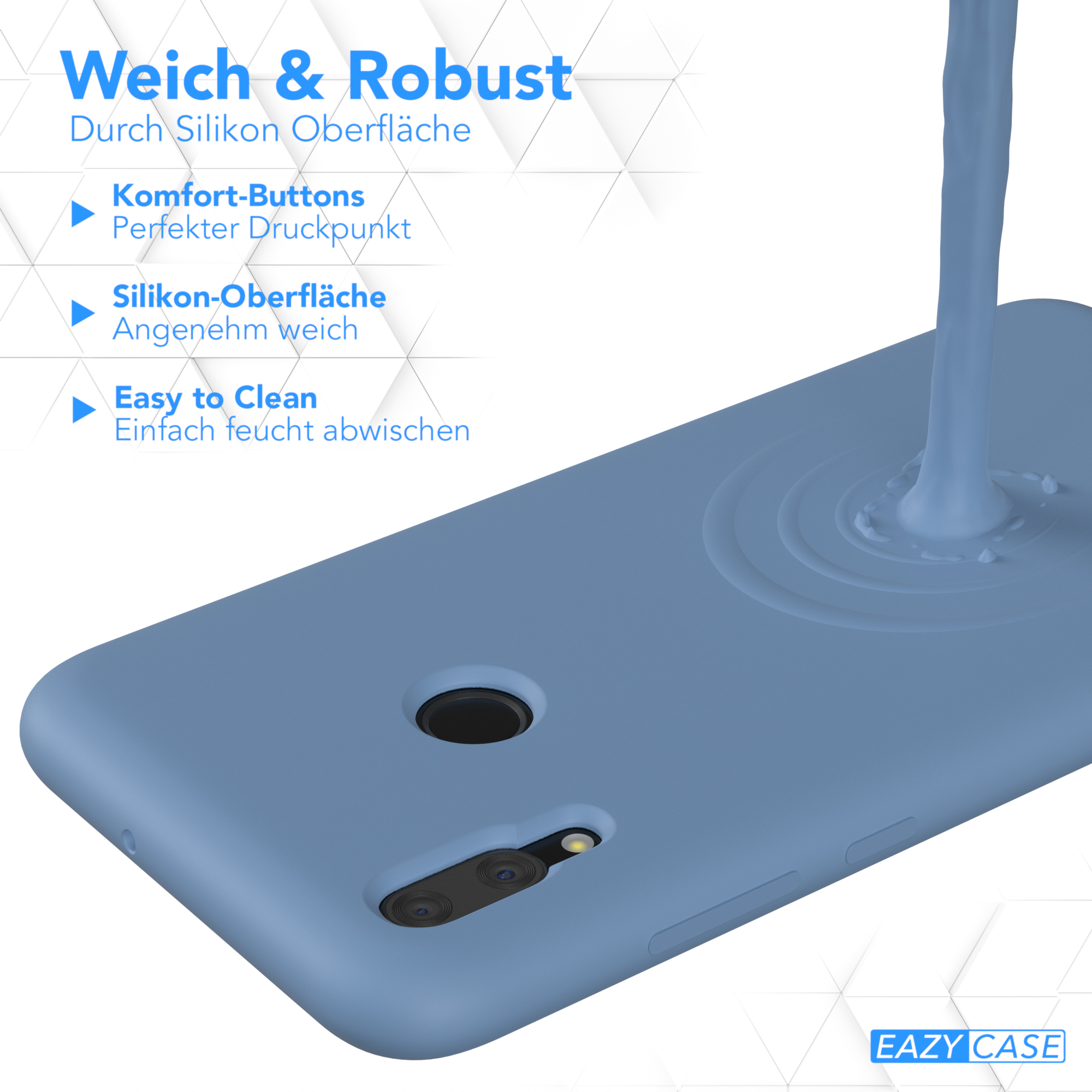 Blaue Handyhülle mit Flüssigkeit, die darauf gegossen wird. Text: Weich & Robust. Leicht zu reinigen. Silikonoberfläche.