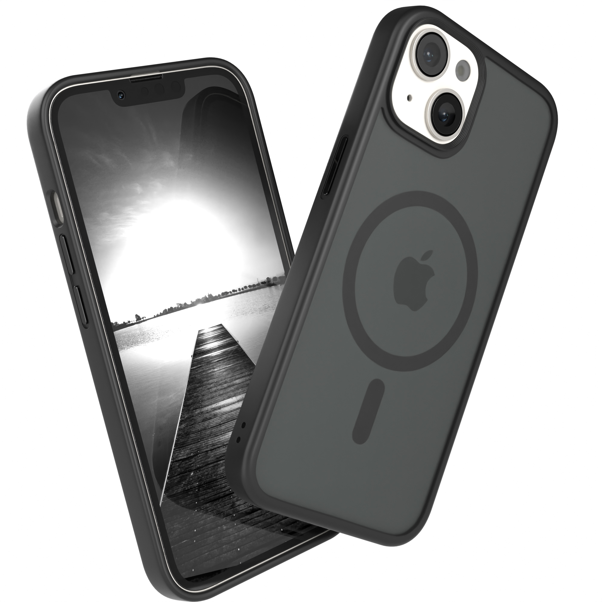 Schwarze Handyhülle mit einem Telefon, das ein Schwarzweißbild eines Holzstegs zeigt.