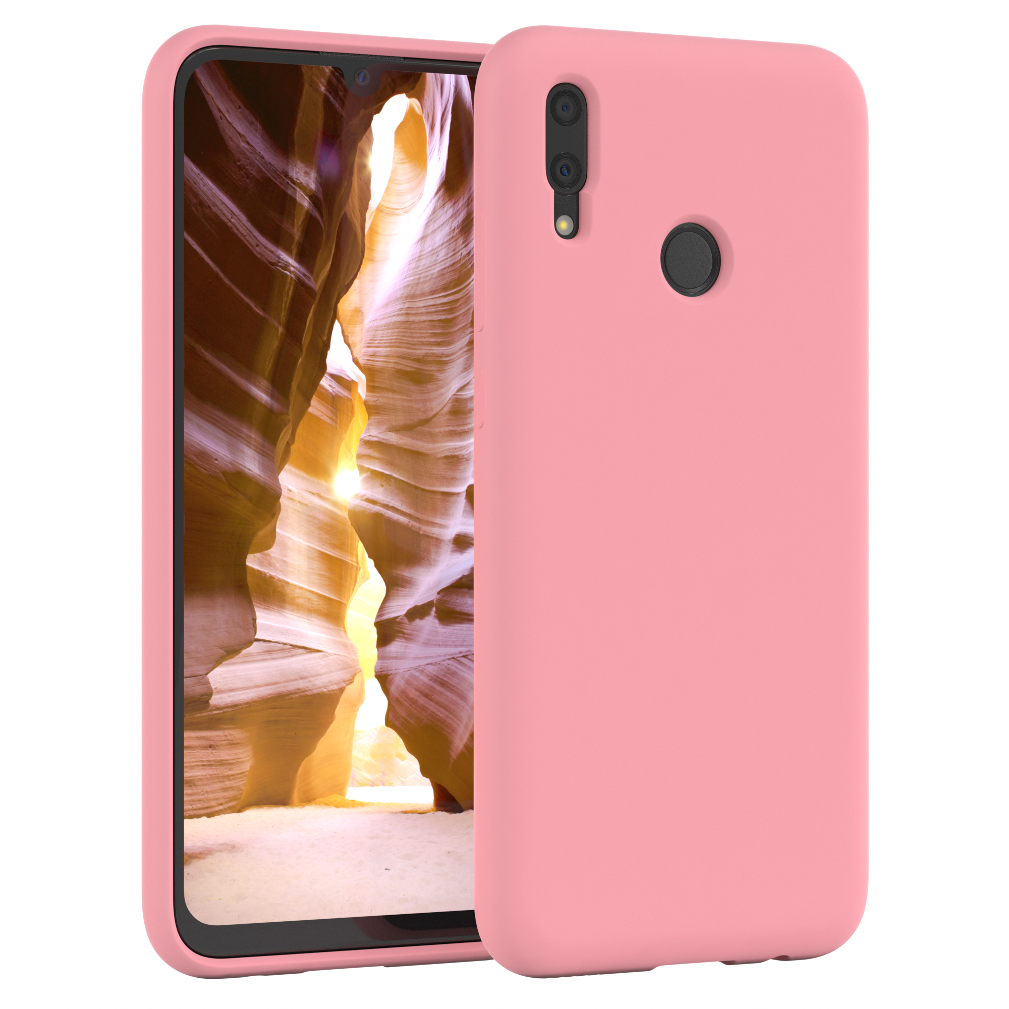 Rosa Handyhülle mit einem Telefon darin. Das Telefon hat drei Kameras und einen schwarzen Kreis.