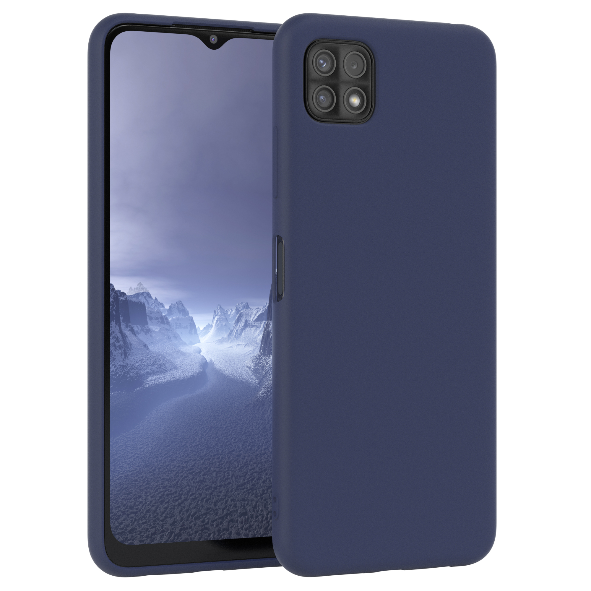 Dunkelblaue Handyhülle mit Telefon, das eine blaue, verschneite Landschaft zeigt. Die Hülle ist daneben.