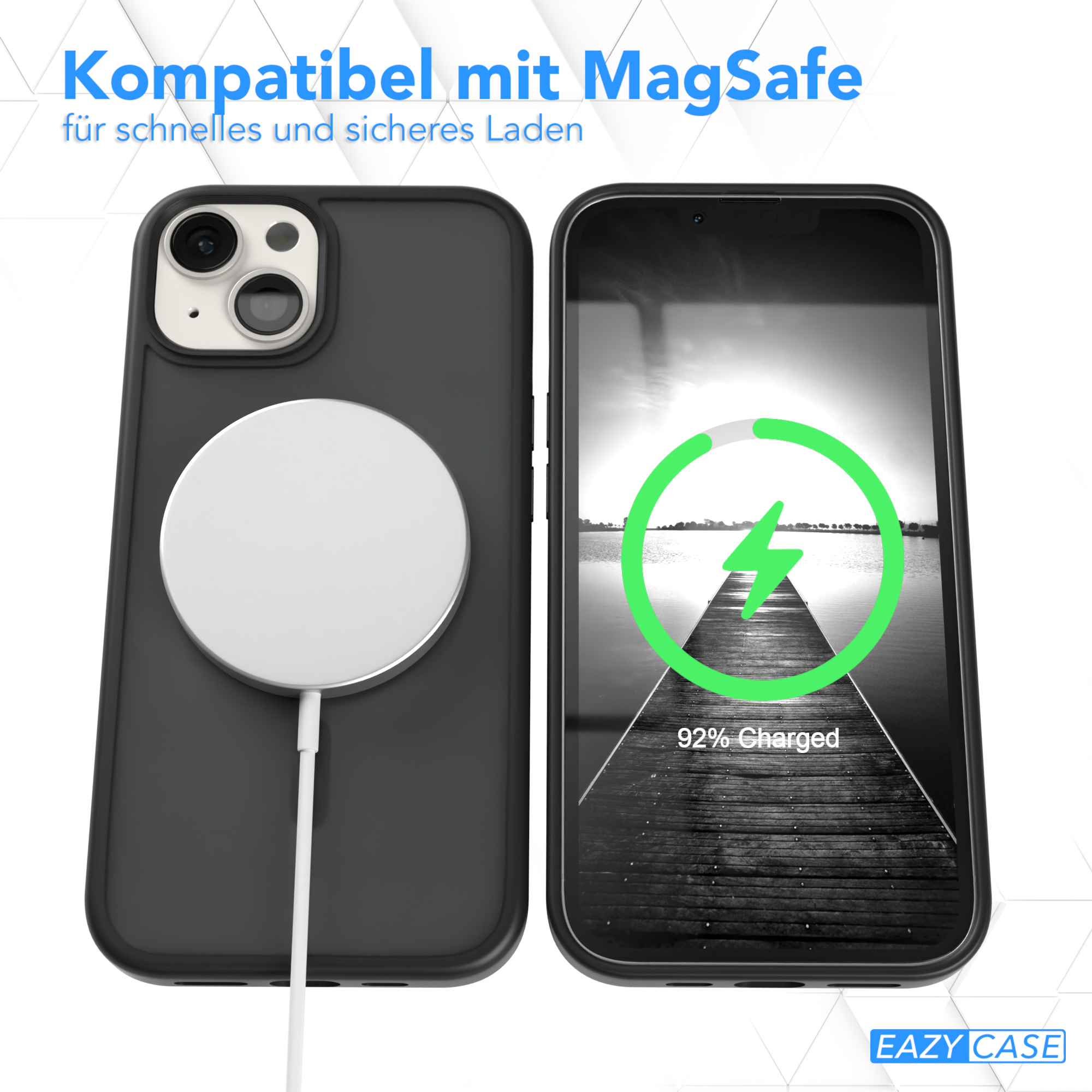 Schwarzes Telefon mit weißem Ladepad. Das Pad zeigt an, dass das Telefon zu 92 % geladen ist.