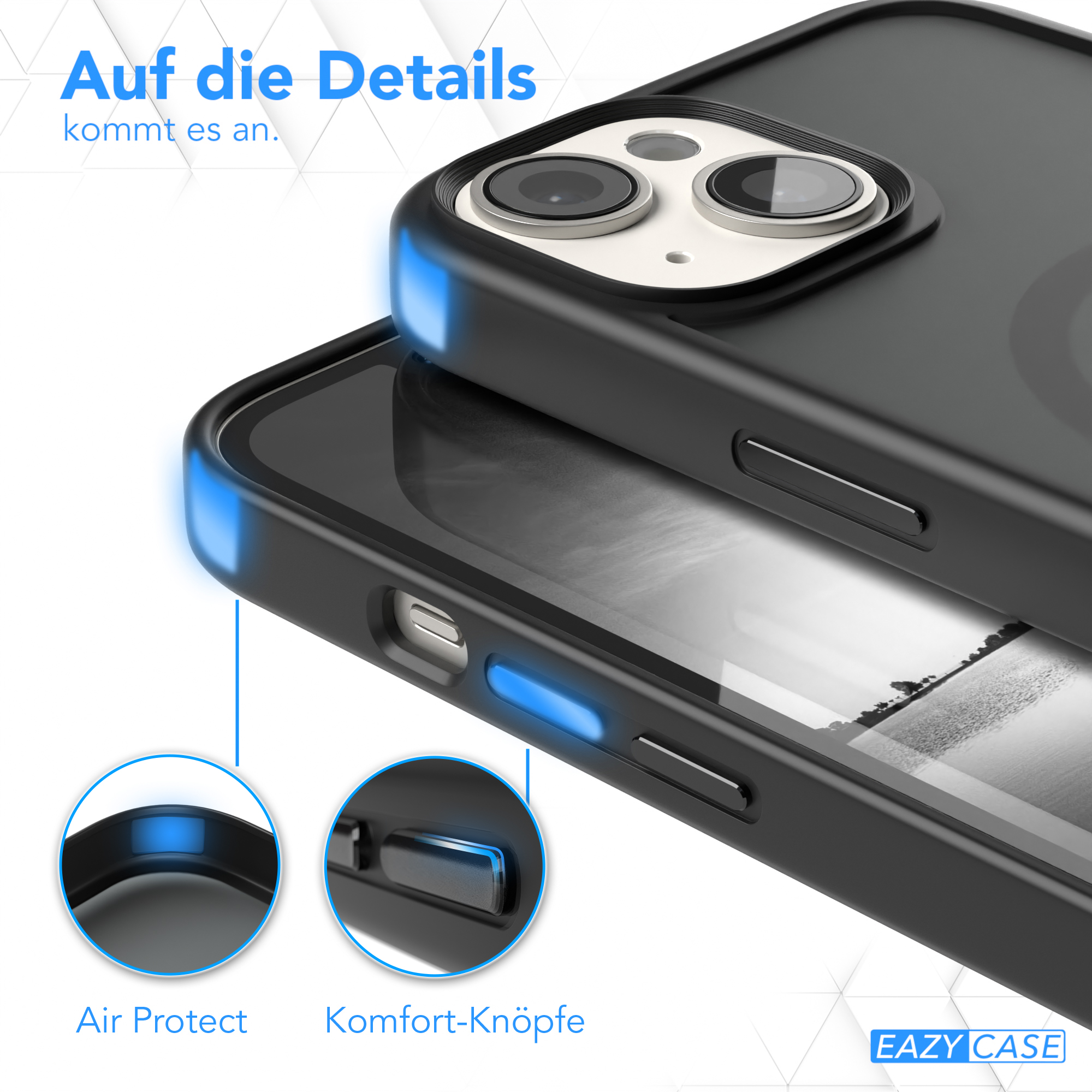 Nahaufnahme von Handyhüllen. Eine ist schwarz und zeigt Details wie Luftschutz und Komforttasten.