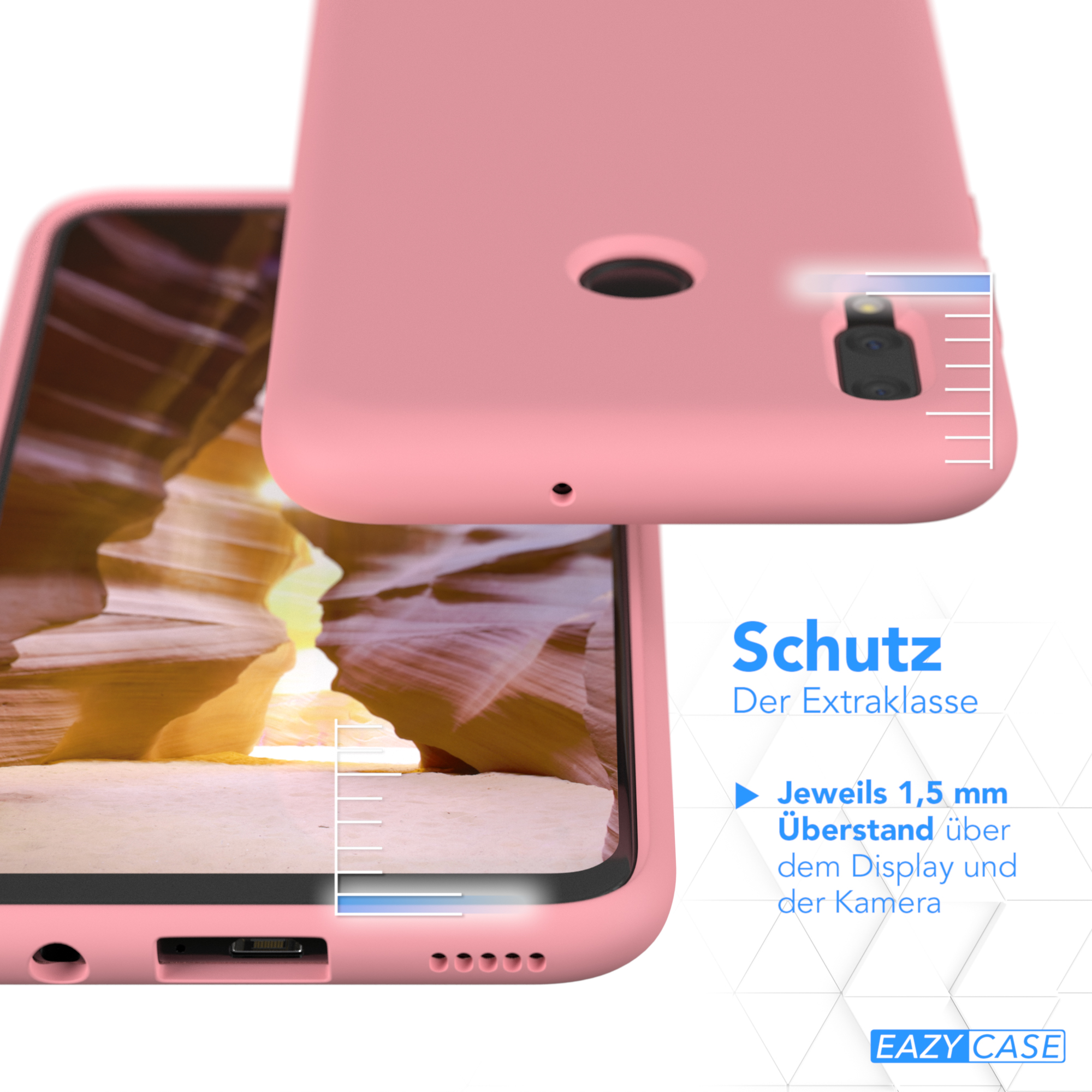 Rosa Handyhülle über dem Telefon. Text sagt "Schutz" und "1,5 mm Überstand". Hintergrund ist Canyon.