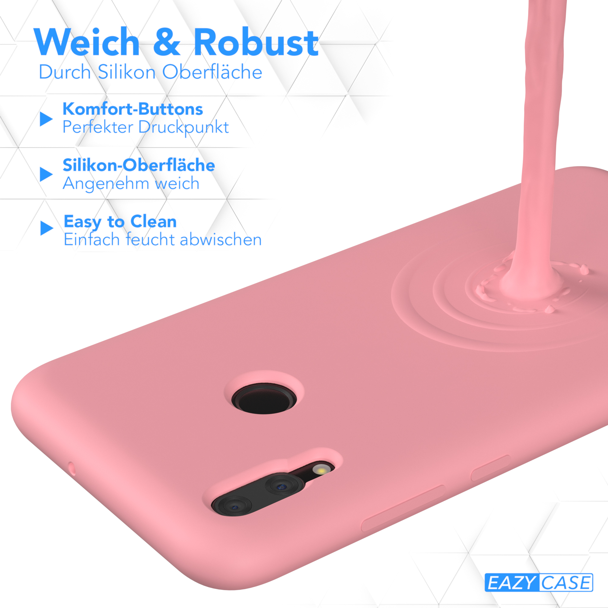 Pinkes Telefoncase mit Flüssigkeit, Text: Weich & Robust.