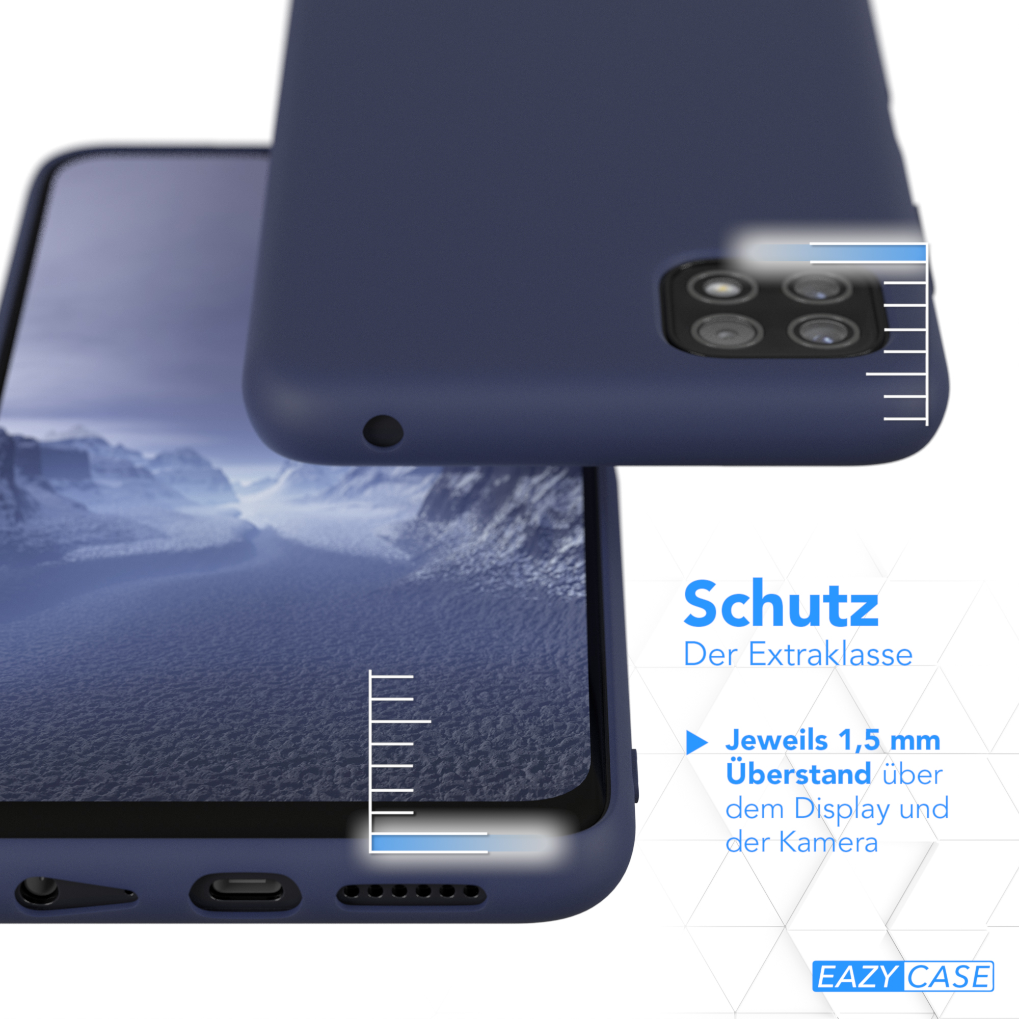 Zwei blaue Handyhüllen. Eine ist über einem Telefon platziert, die andere darüber. Weißer Text wird angezeigt.
